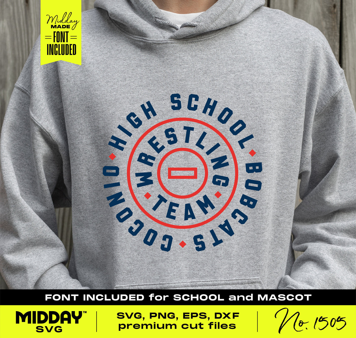 Gray hoodie featuring a customizable high school wrestling team design with included SVG, PNG, and DXF cut files for Cricut and Silhouette.