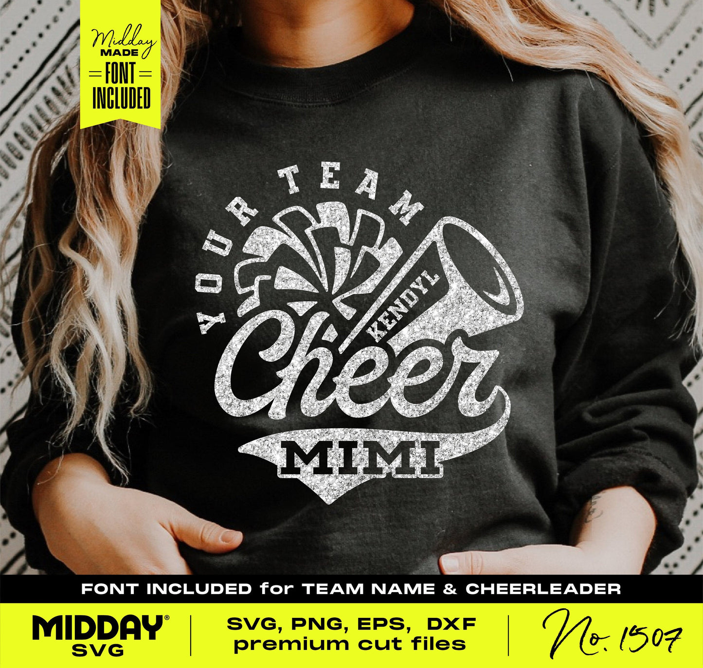 Customizable Cheer Mimi SVG design on a black shirt, featuring cheerleader graphics for Cricut projects and team personalization.