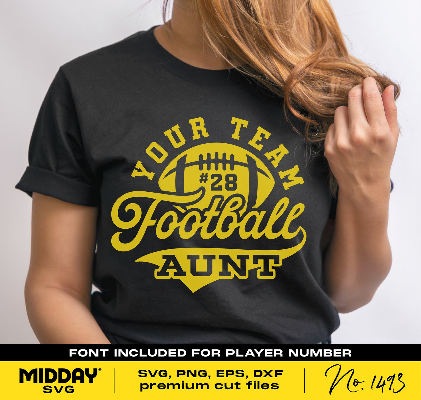 Person wearing a "Your Team Football Aunt #28" T-shirt design in black and yellow for Cricut SVG projects.