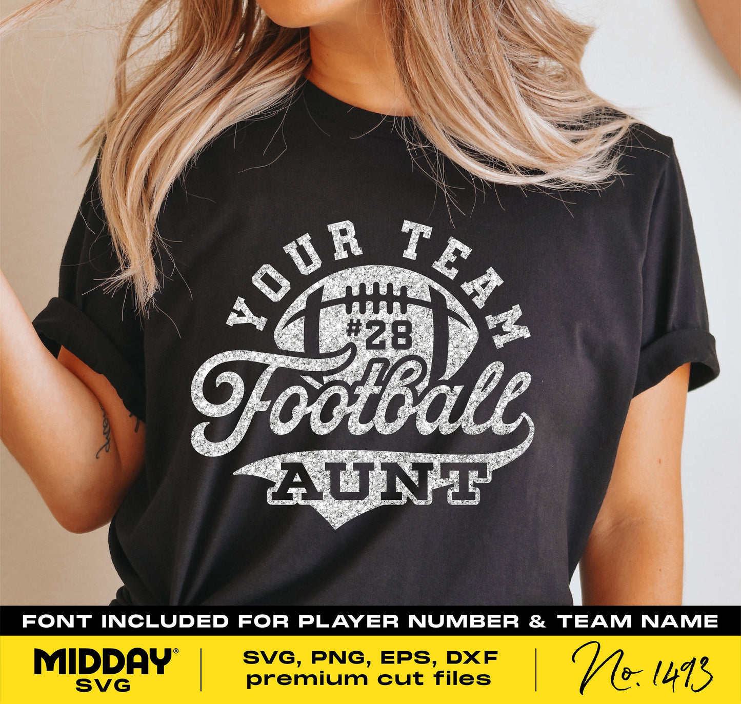 Woman wearing a black t-shirt with 'Your Team Football Aunt' print, ideal for aunts supporting their football player nephews. SVG available.