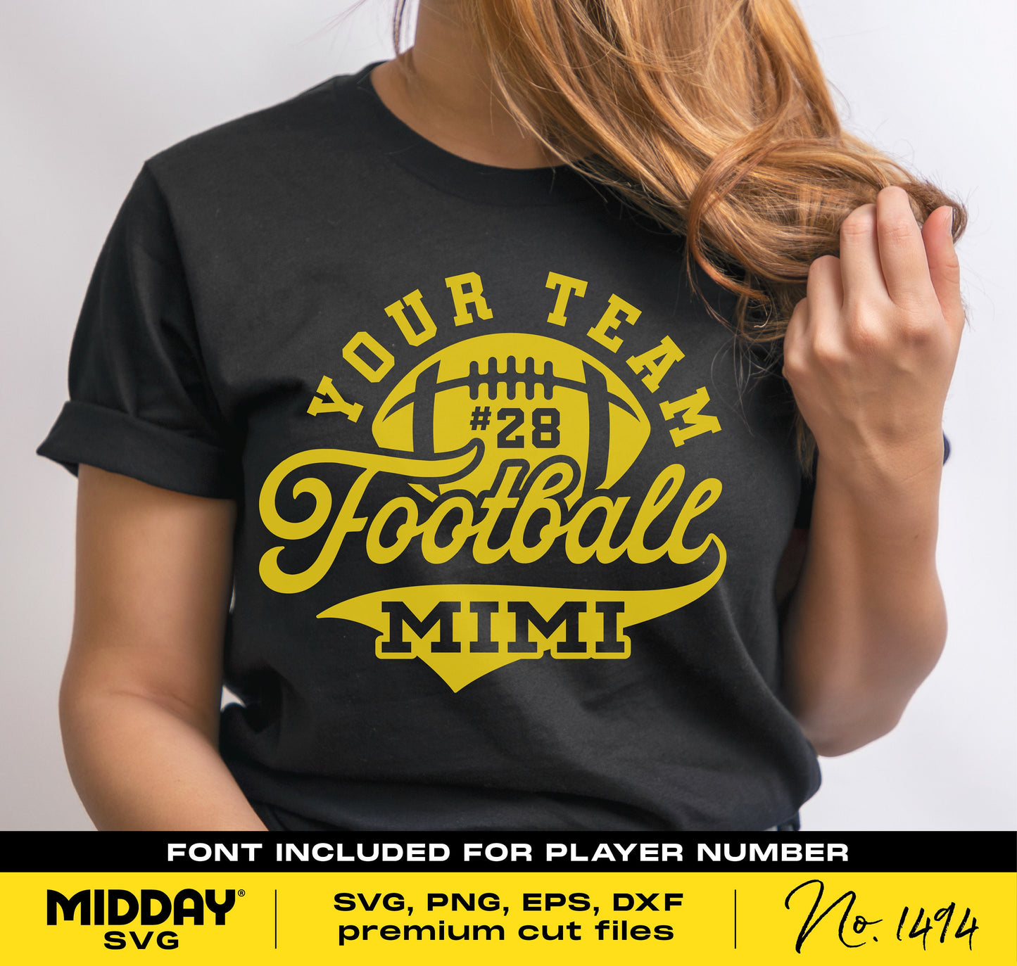 "Football Mimi Shirt with 'Your Team' and football graphic, designed for Cricut and sublimation, featuring SVG, PNG, EPS formats."