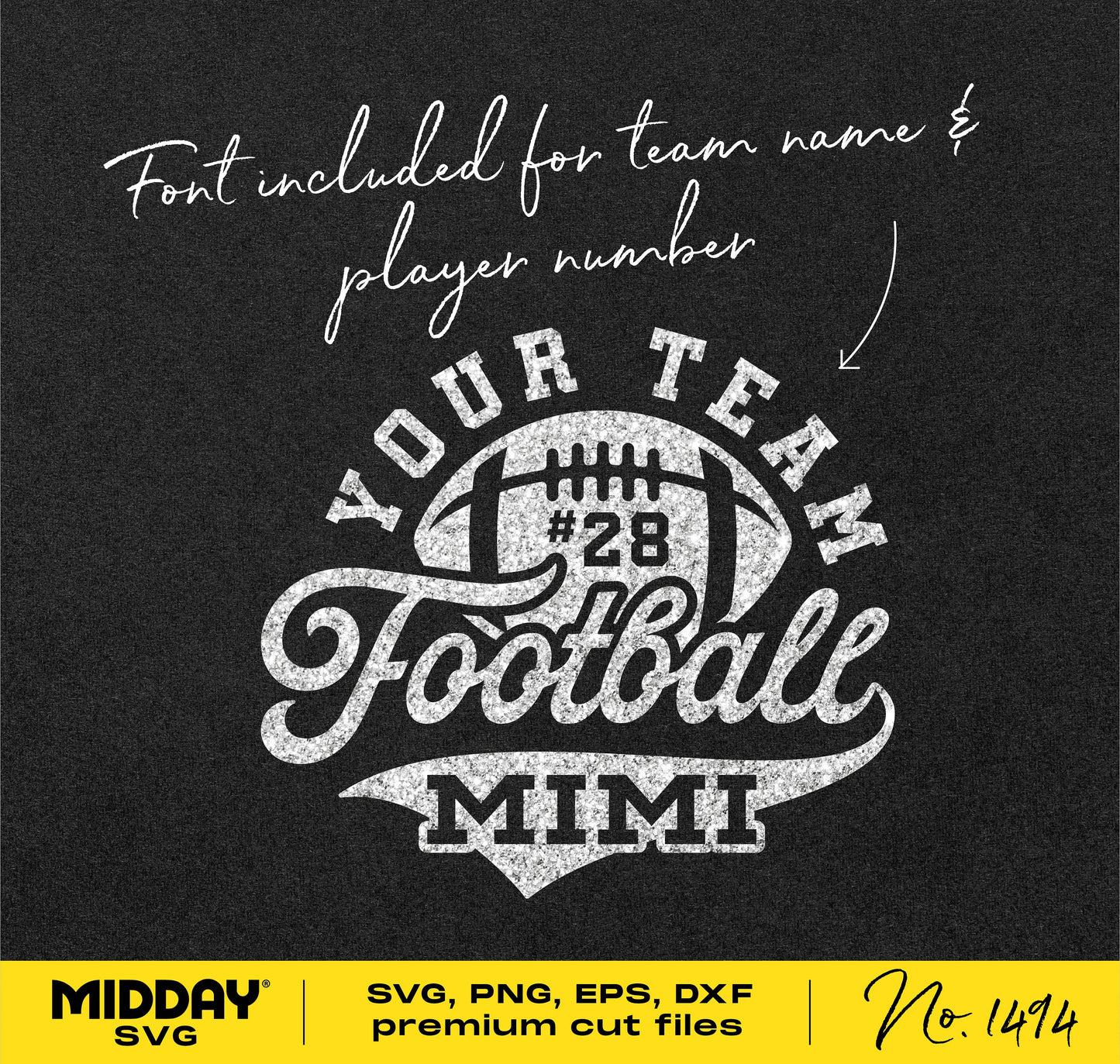 Football Mimi shirt design SVG PNG with customizable team and player number. Perfect for Cricut and sublimation projects by Midday SVG.