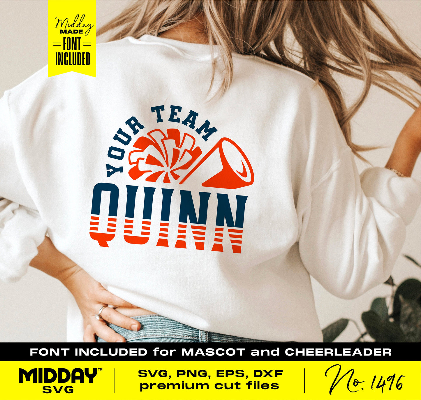 Cheer team shirt design with 'Your Team Quinn' text, cheerleading graphic, and custom font, available as SVG, PNG, EPS, DXF files.