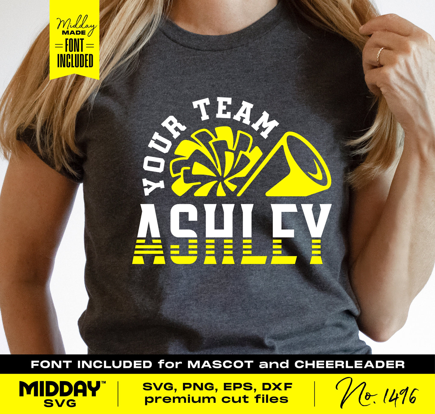 Person wearing a t-shirt with custom cheerleader design featuring 'Your Team Ashley' text, pom-pom and megaphone graphic, SVG for Cricut.