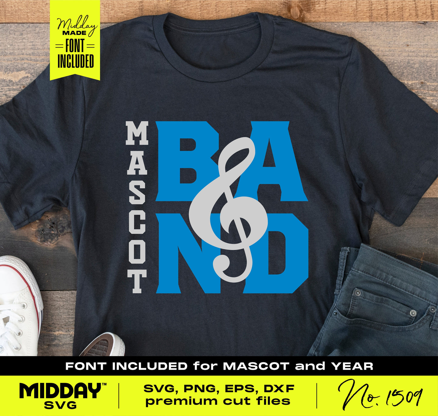 Marching band t-shirt with treble clef design and 'Mascot Band' text, includes SVG, PNG, EPS, DXF cut files for customization.