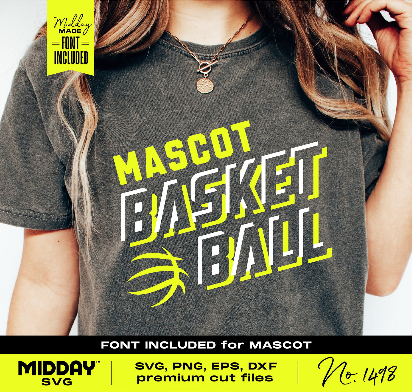 Basketball shirt with bold yellow and white text, featuring "MASCOT BASKETBALL" design. Font included offer displayed.