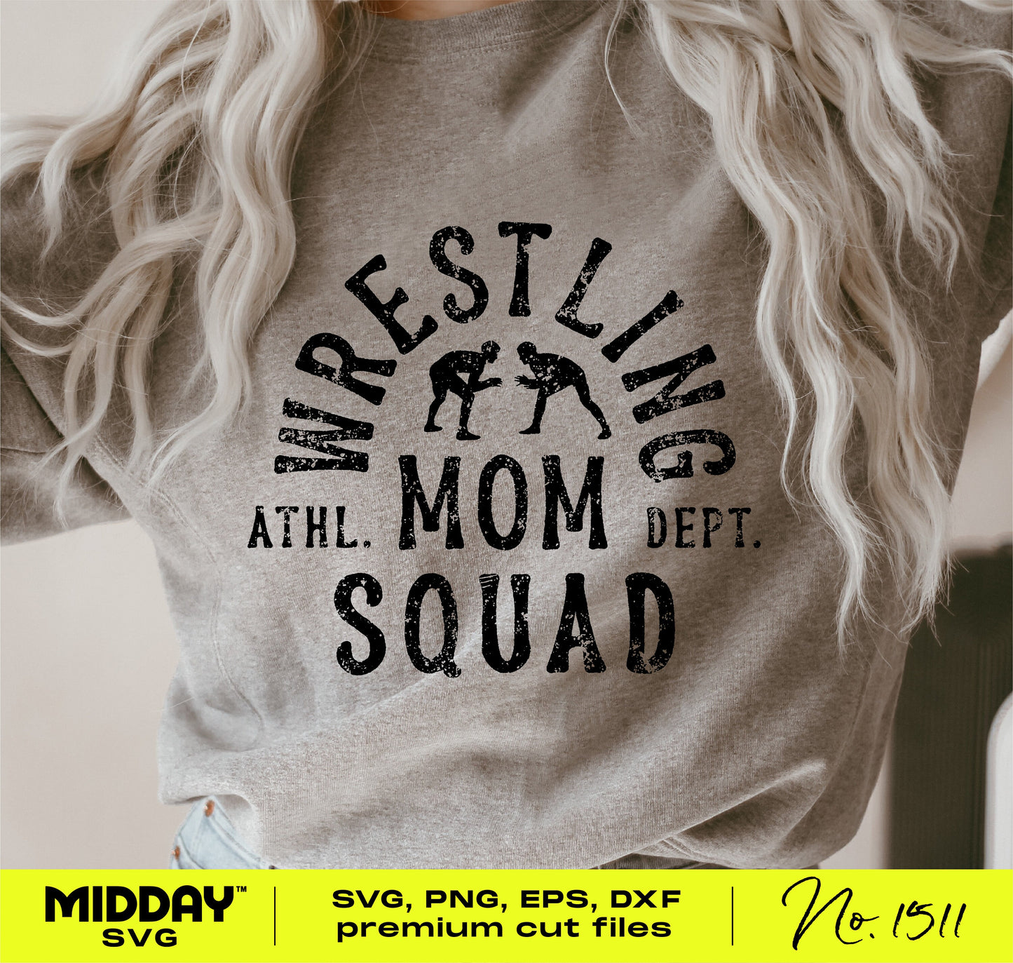 Woman wearing gray shirt with 'Wrestling Mom Squad' design, available in SVG, PNG, EPS, DXF formats for Cricut and Silhouette.