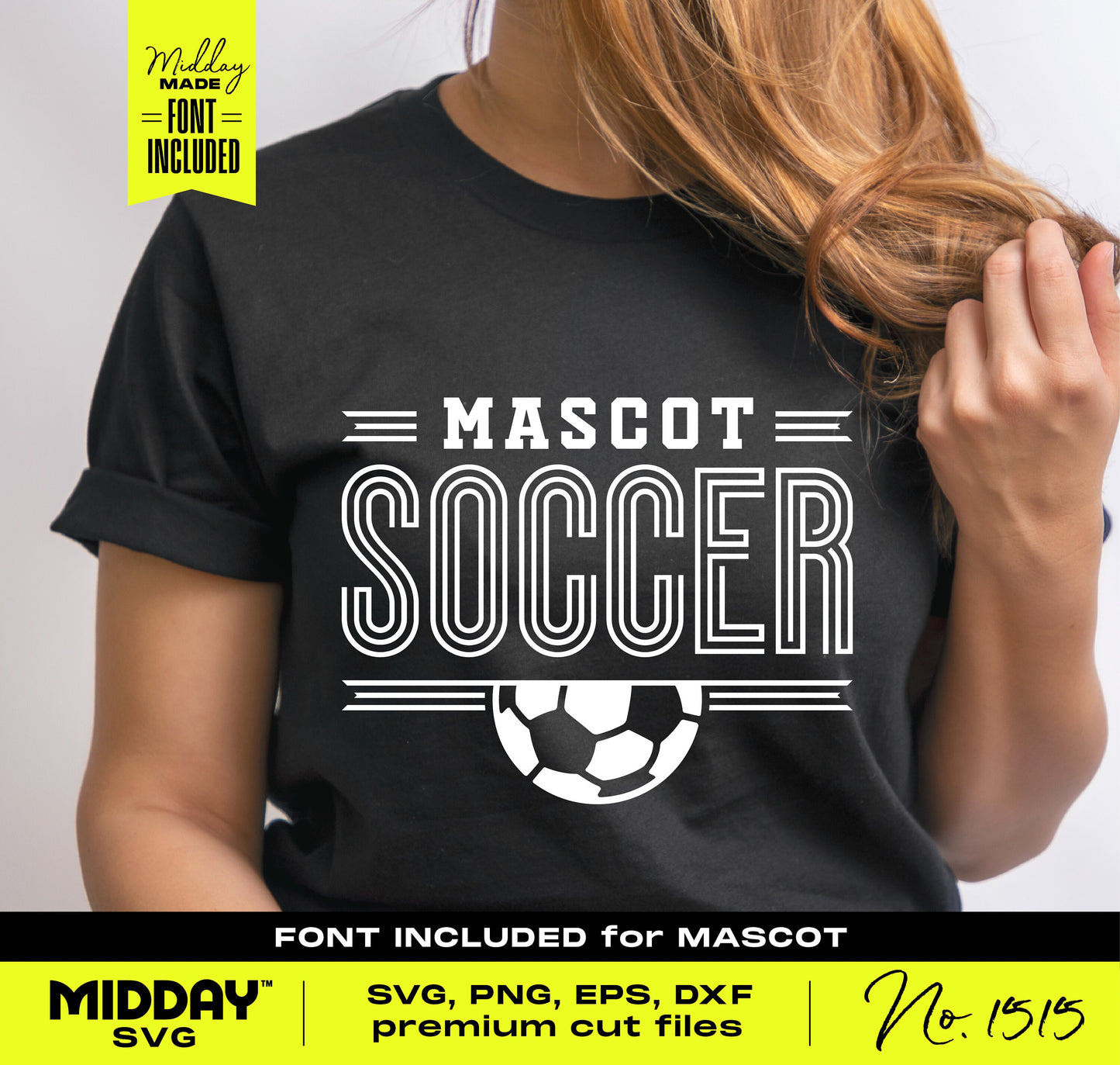 Soccer shirt with "Mascot Soccer" design, includes soccer ball graphic, available as SVG, PNG, EPS, DXF files for Cricut and Silhouette.