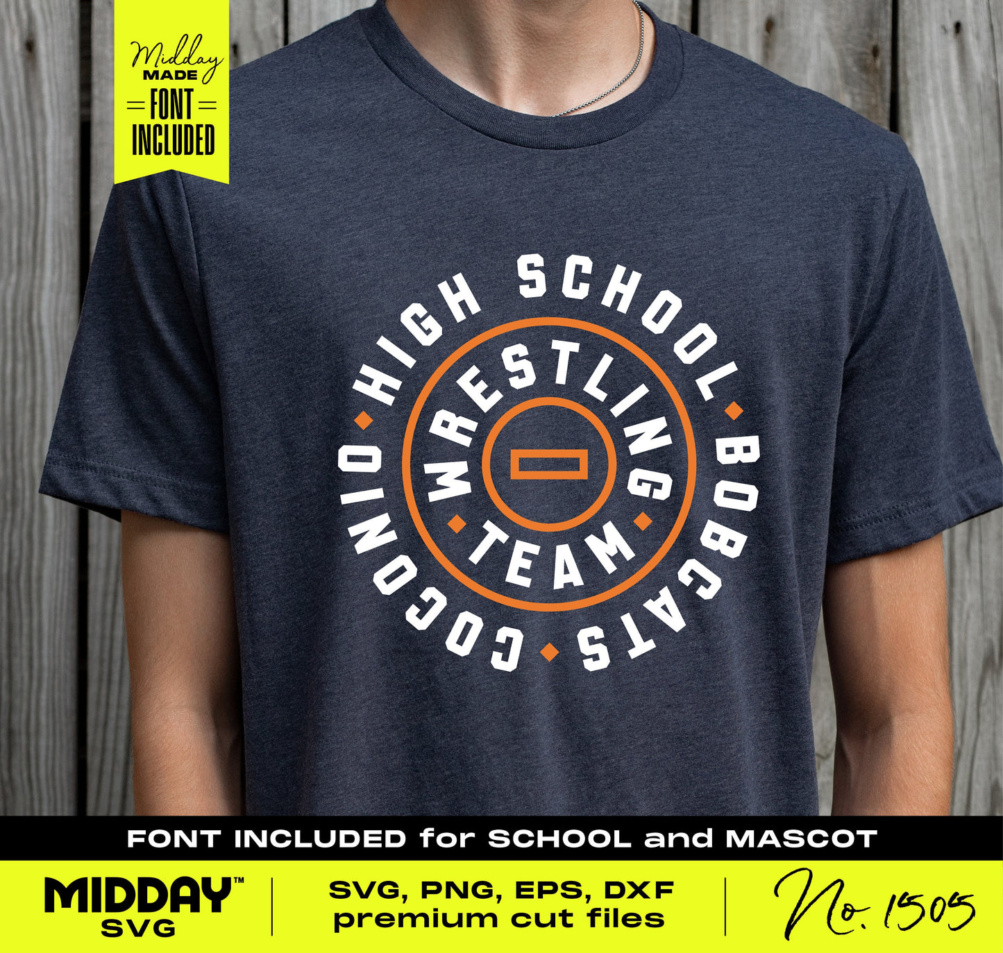 Wrestling team shirt design template featuring school and mascot names, available in SVG, PNG, EPS, DXF formats with included font.