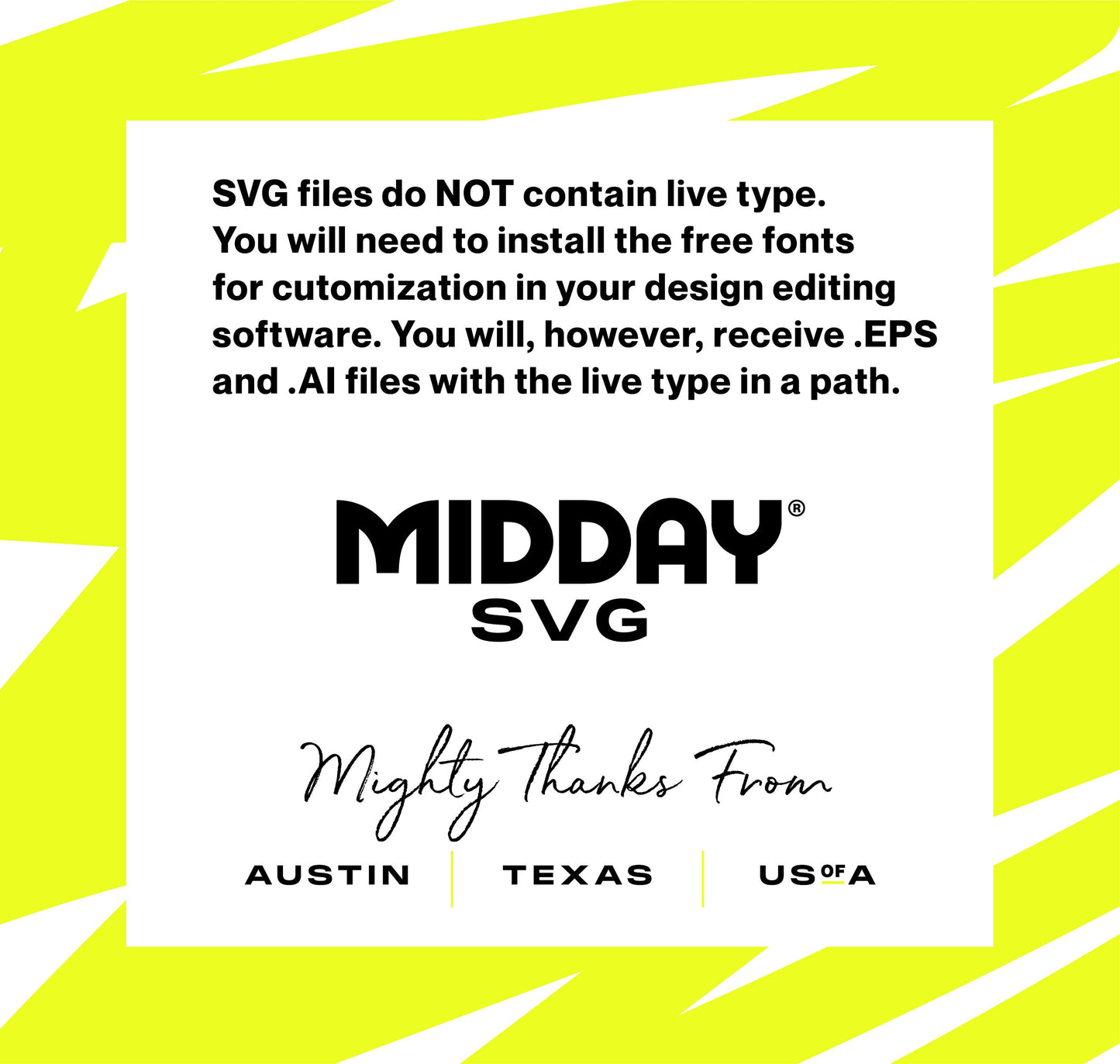 Midday SVG informational graphic about file types with customization instructions and location details in Austin, Texas, USA.