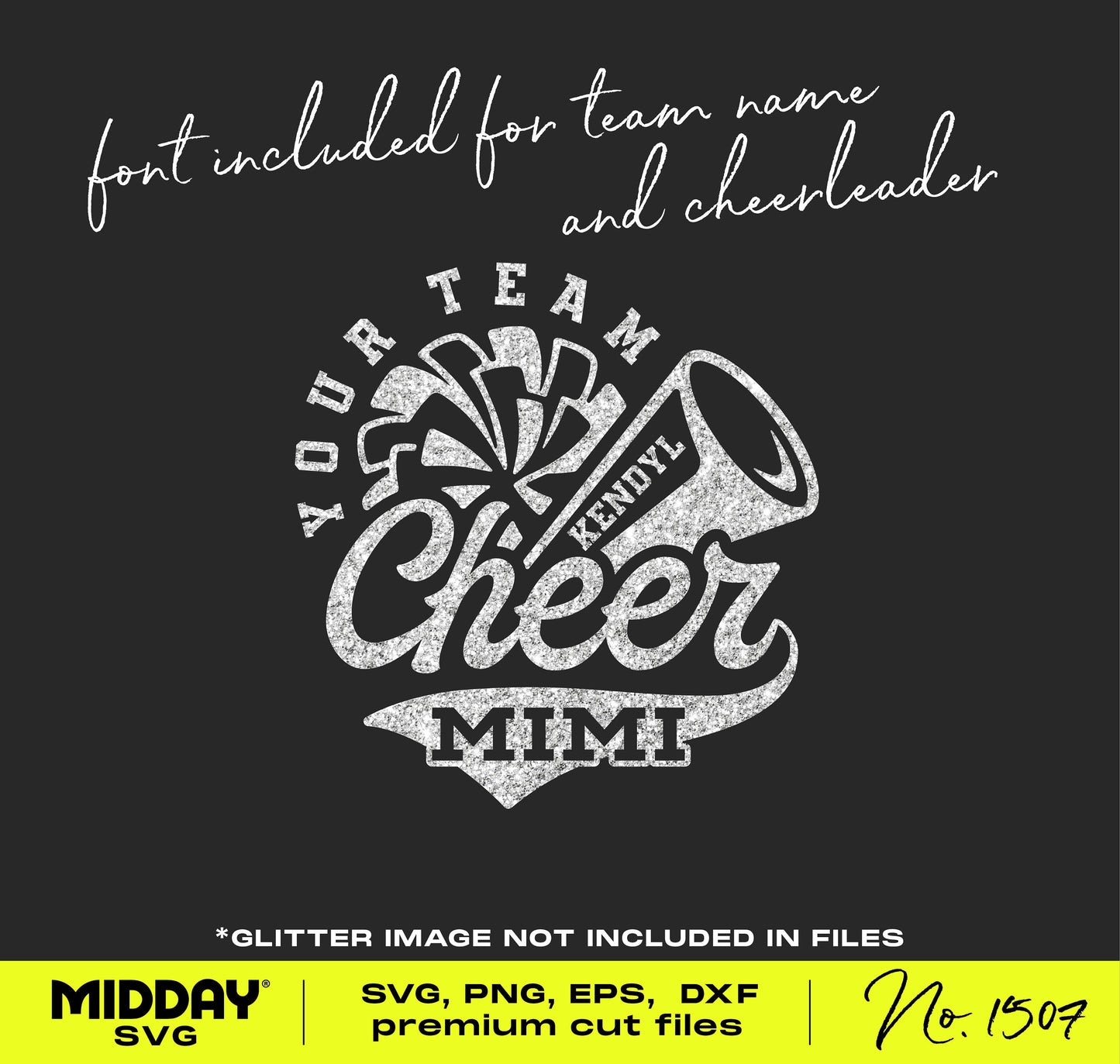 Cheer Mimi SVG digital design with cheerleader graphics, customizable text, for Cricut, ideal for cheer grandma shirts. Includes fonts.