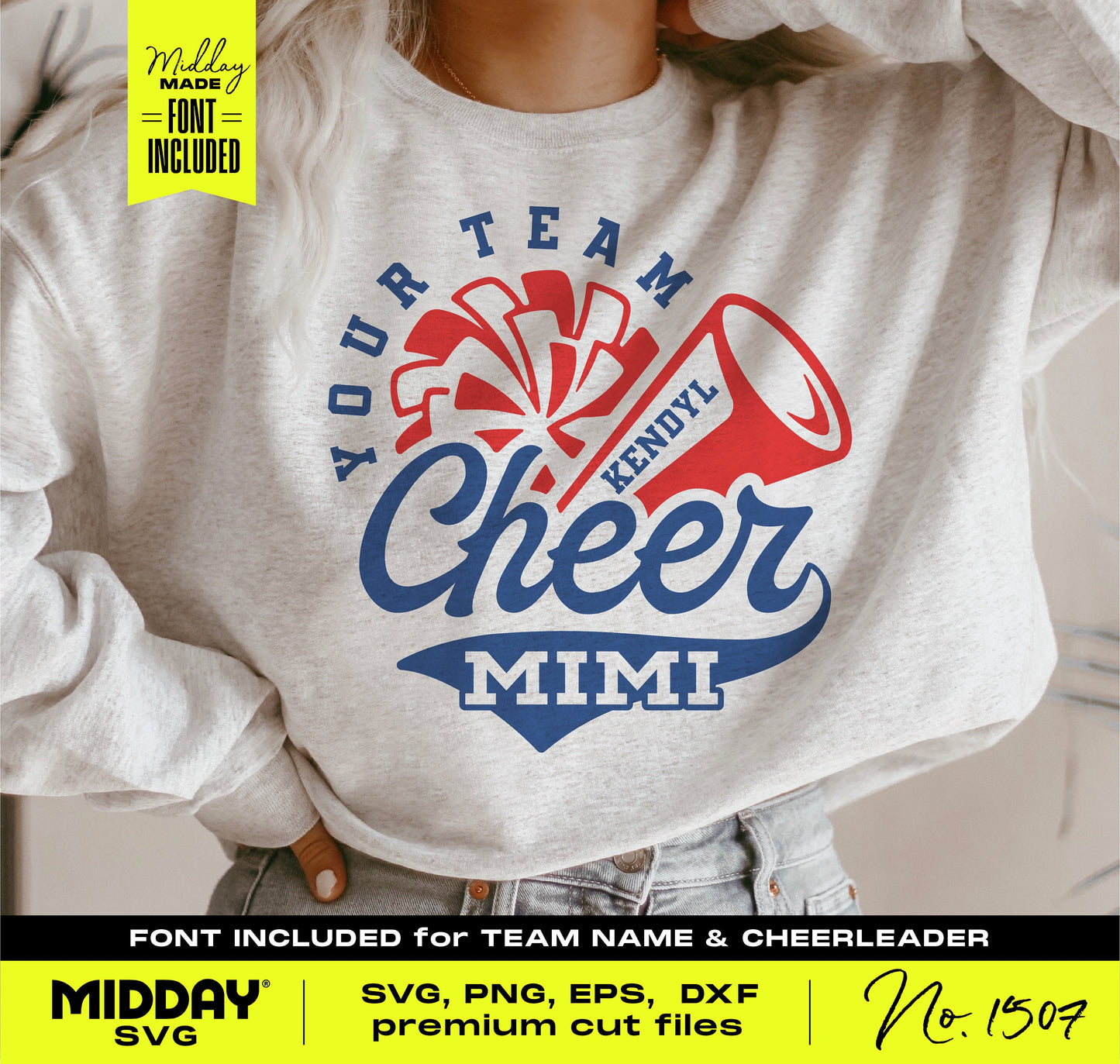 Customizable Cheer Mimi SVG shirt design with pom-pom and megaphone, font included for team name, suitable for Cricut and crafting.