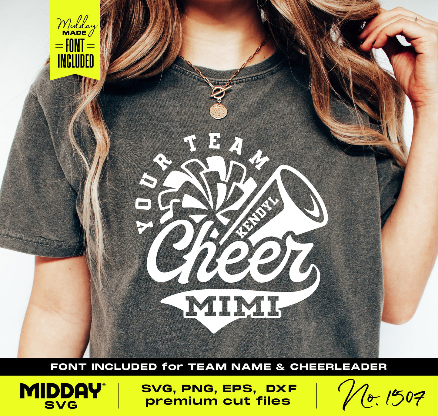 Woman wearing a Cheer Mimi shirt with customizable SVG design featuring a megaphone and pom-pom for cricut projects.