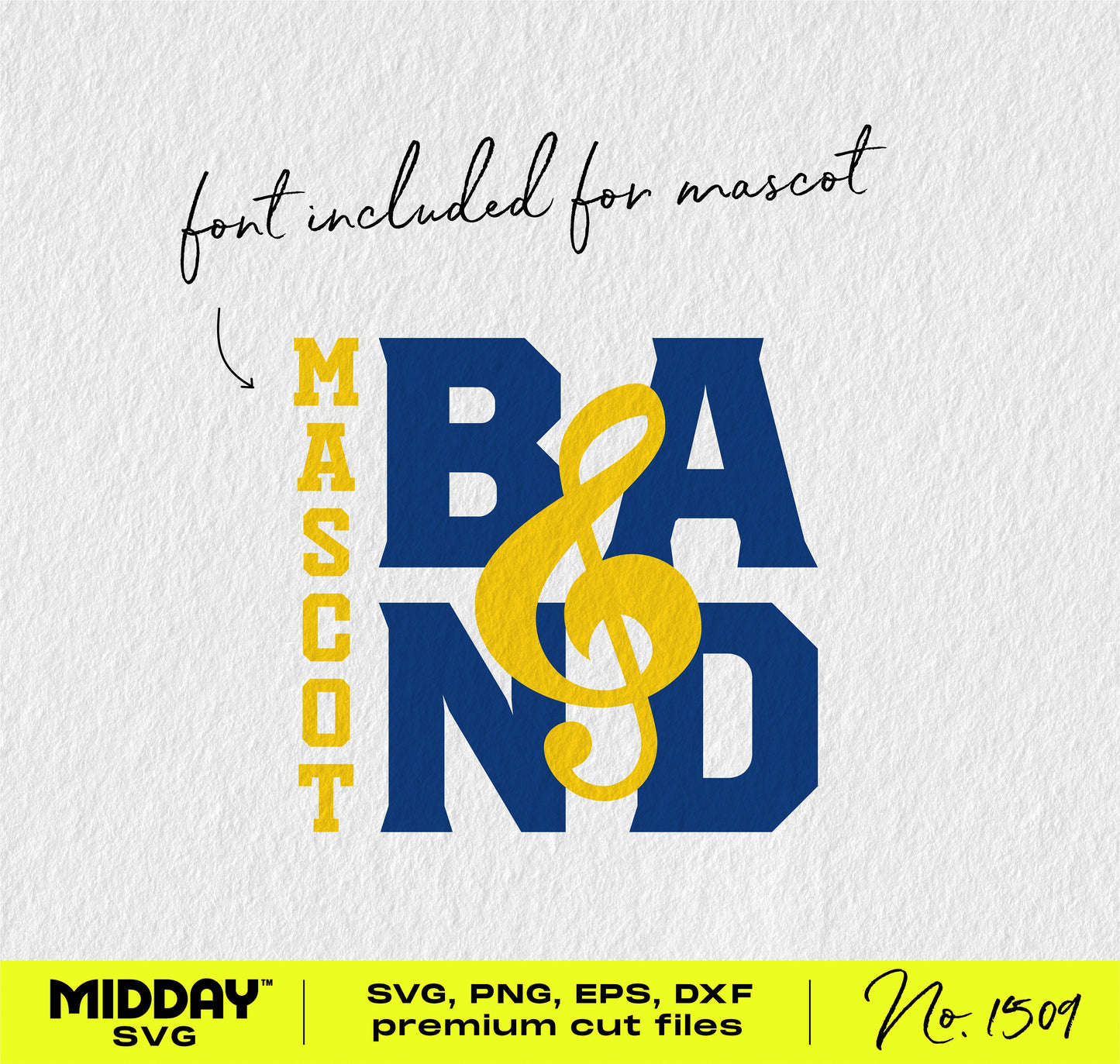 Marching band treble clef template with mascot font, suitable for Cricut crafting and DIY band shirts.