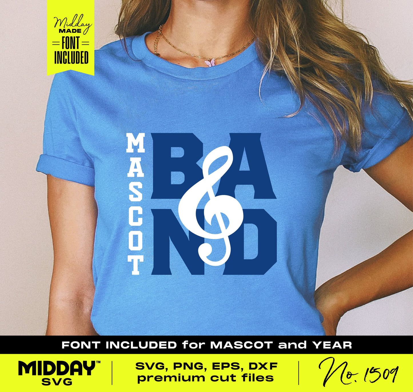 Blue t-shirt with white treble clef design reading 'Mascot Band' for marching band supporters, ideal for Cricut projects.