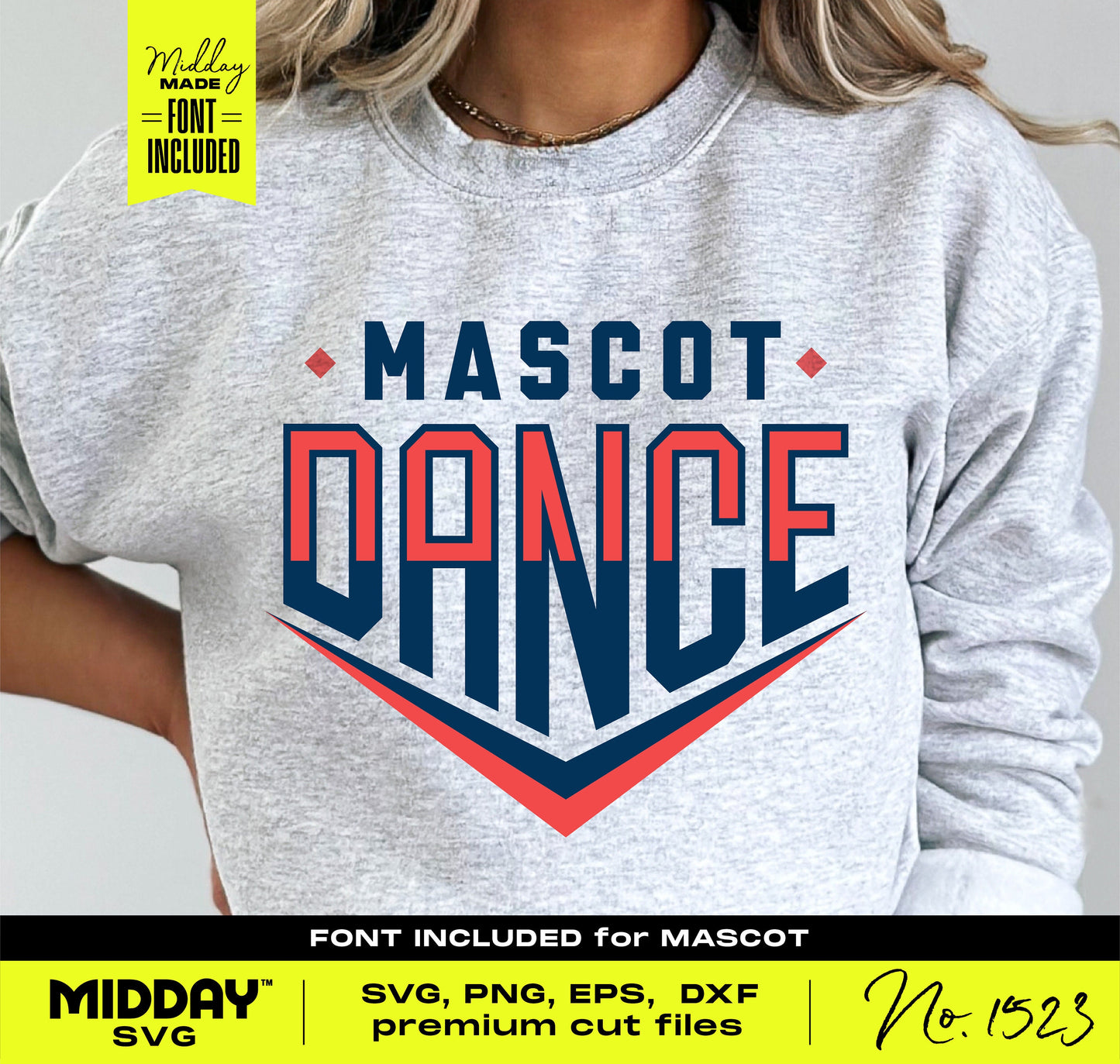 Gray sweatshirt with 'Mascot Dance' design in bold letters, DIY SVG files for shirt, includes font, suitable for Cricut and Silhouette.