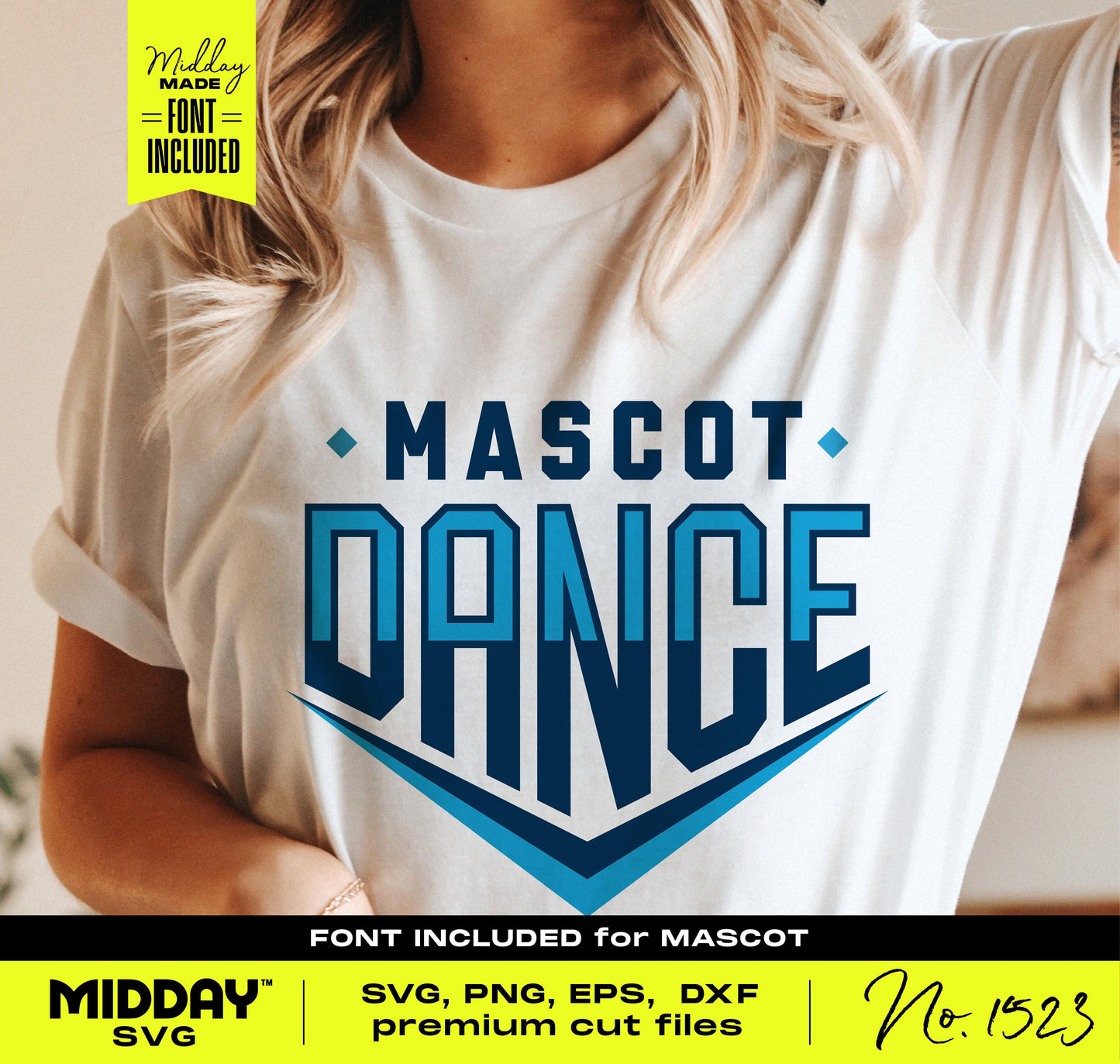 Woman wearing a shirt with 'Mascot Dance' design for Dance SVG files, ideal for Cricut and shirt sublimation, font included.