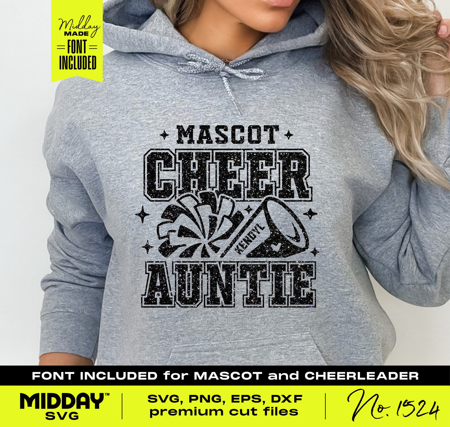 Gray hoodie with 'Mascot Cheer Auntie' design, featuring cheer megaphone and pom-poms, SVG/PNG cut files for DIY crafting.
