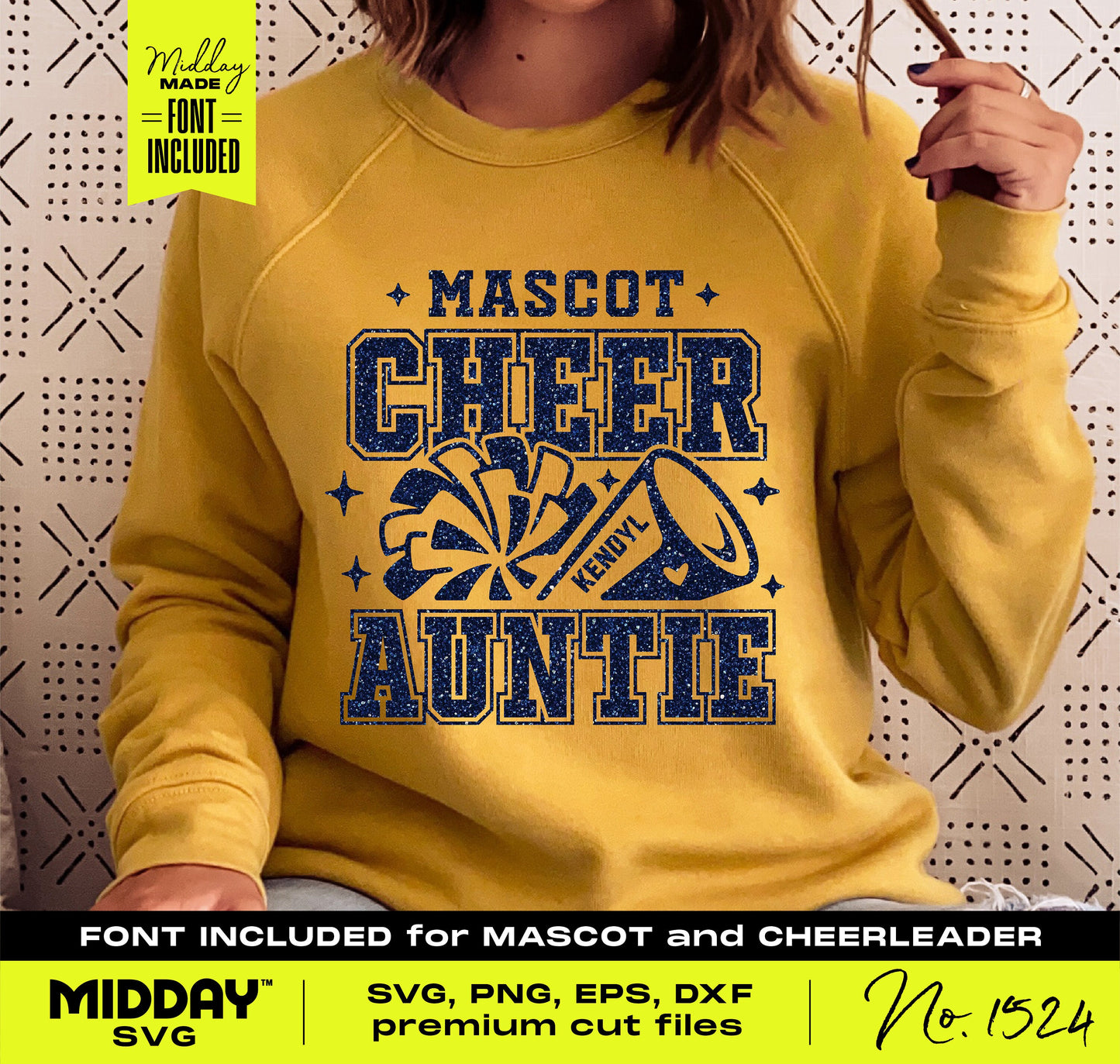 Woman wearing yellow sweater with 'Mascot Cheer Auntie' design, featuring pom-poms and megaphone. Font included for personalized crafting.