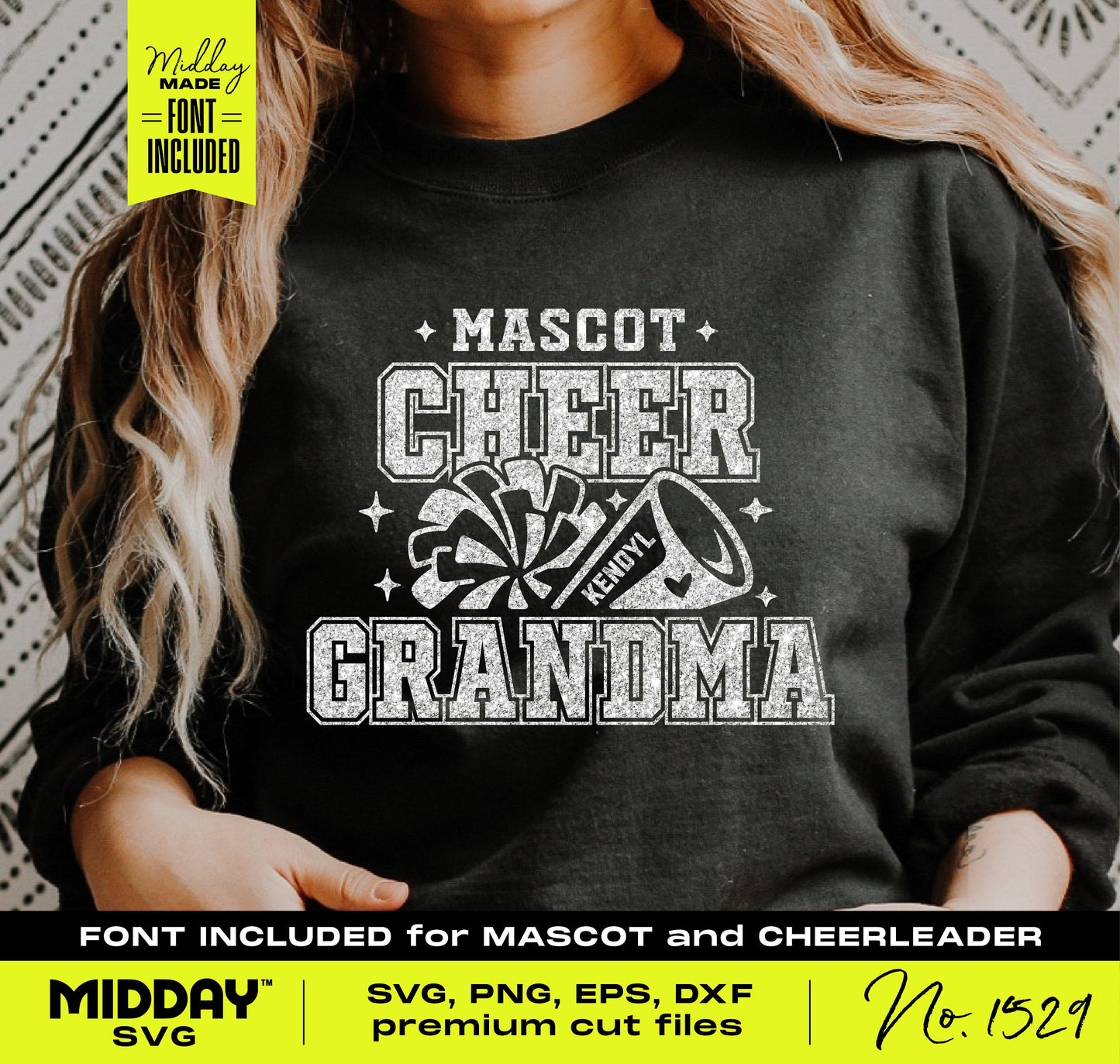 Woman wearing a black 'Mascot Cheer Grandma' sweatshirt, suitable for cheer team shirts, ideal for Cricut and tumblers with included font.