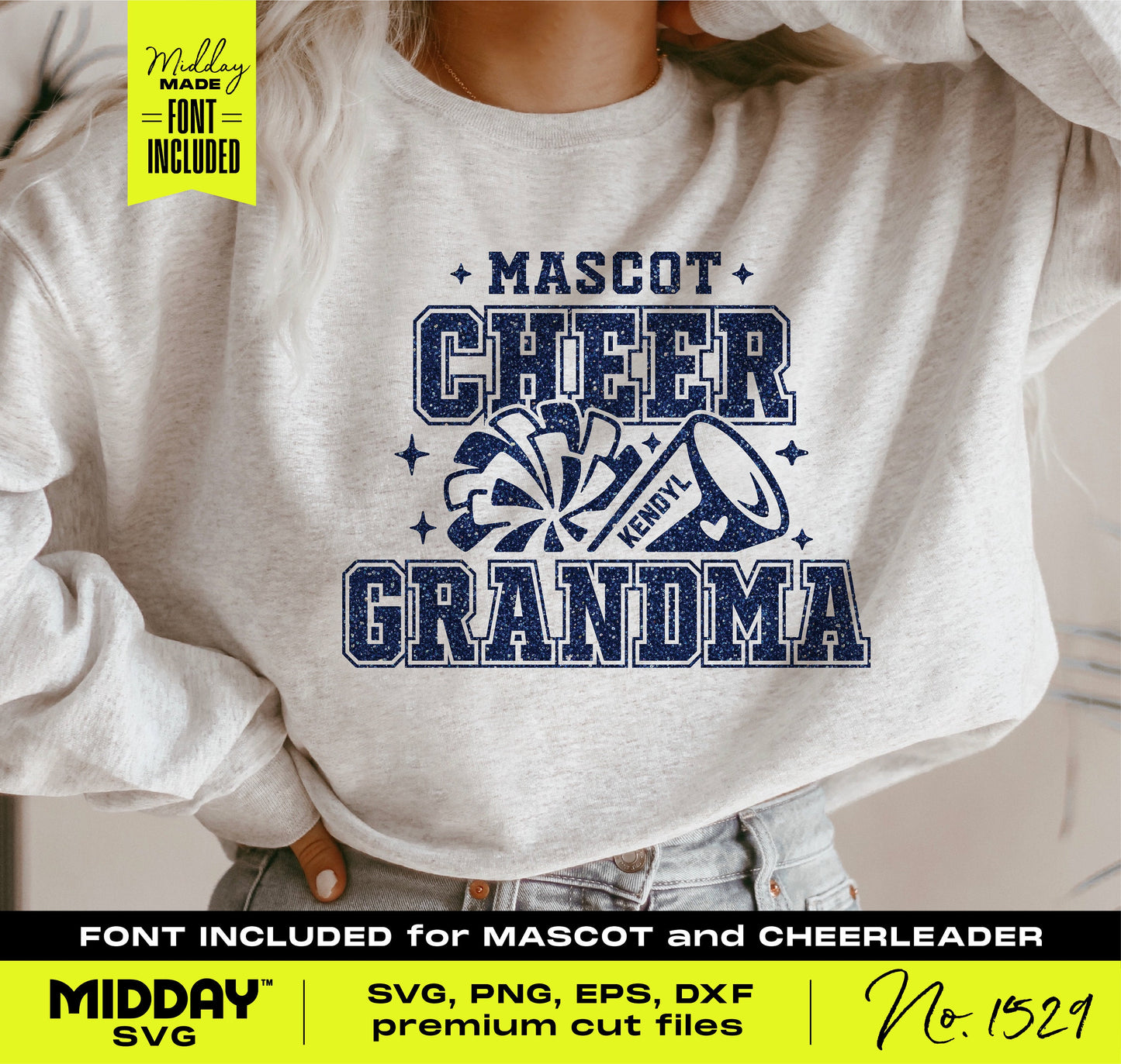 Cheer Grandma SVG design on sweatshirt, includes cheerleader and mascot text, ideal for Cricut and tumbler crafts.