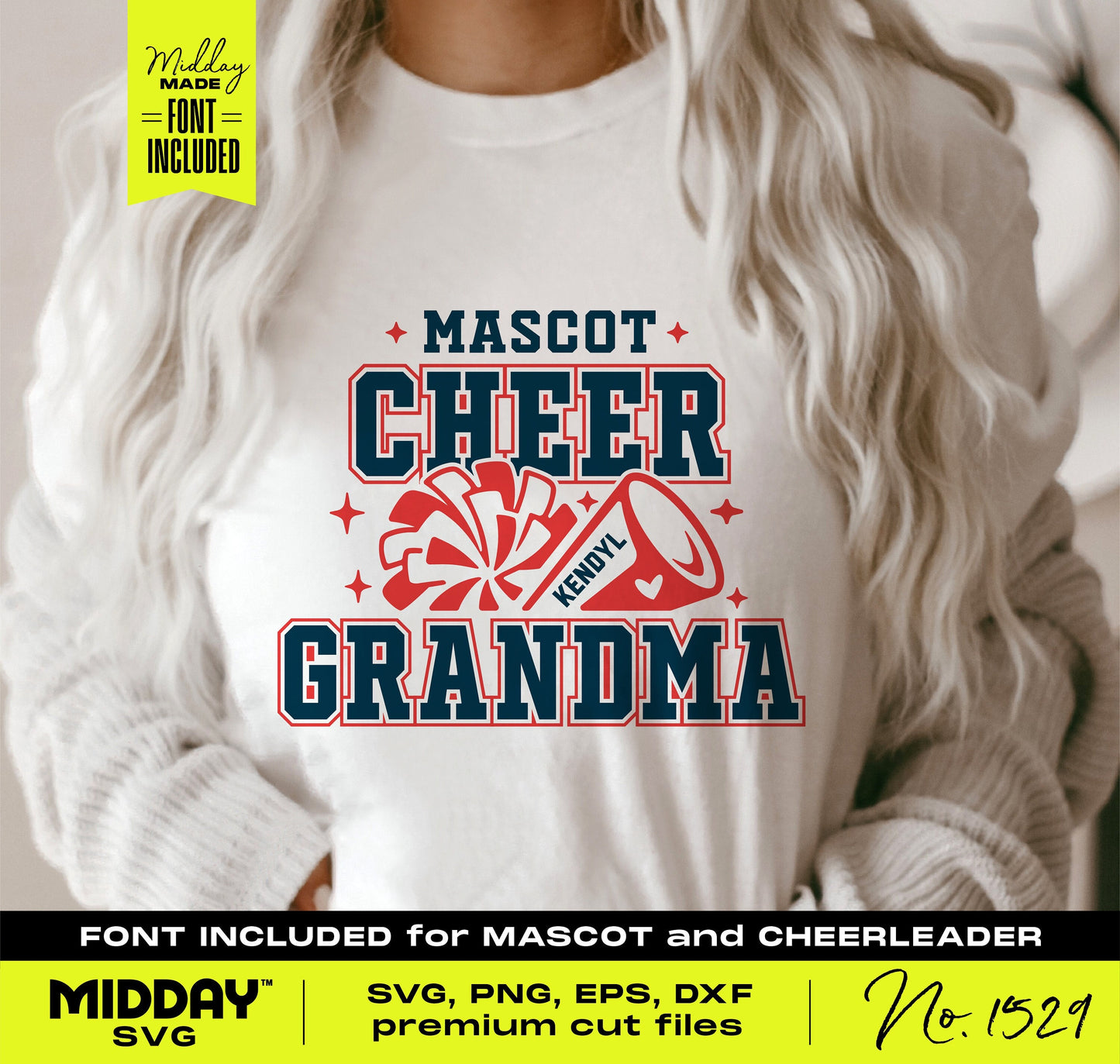 Woman wearing 'Mascot Cheer Grandma' shirt, suitable for SVG, PNG, Cricut, DIY cheer team family designs. Font included.
