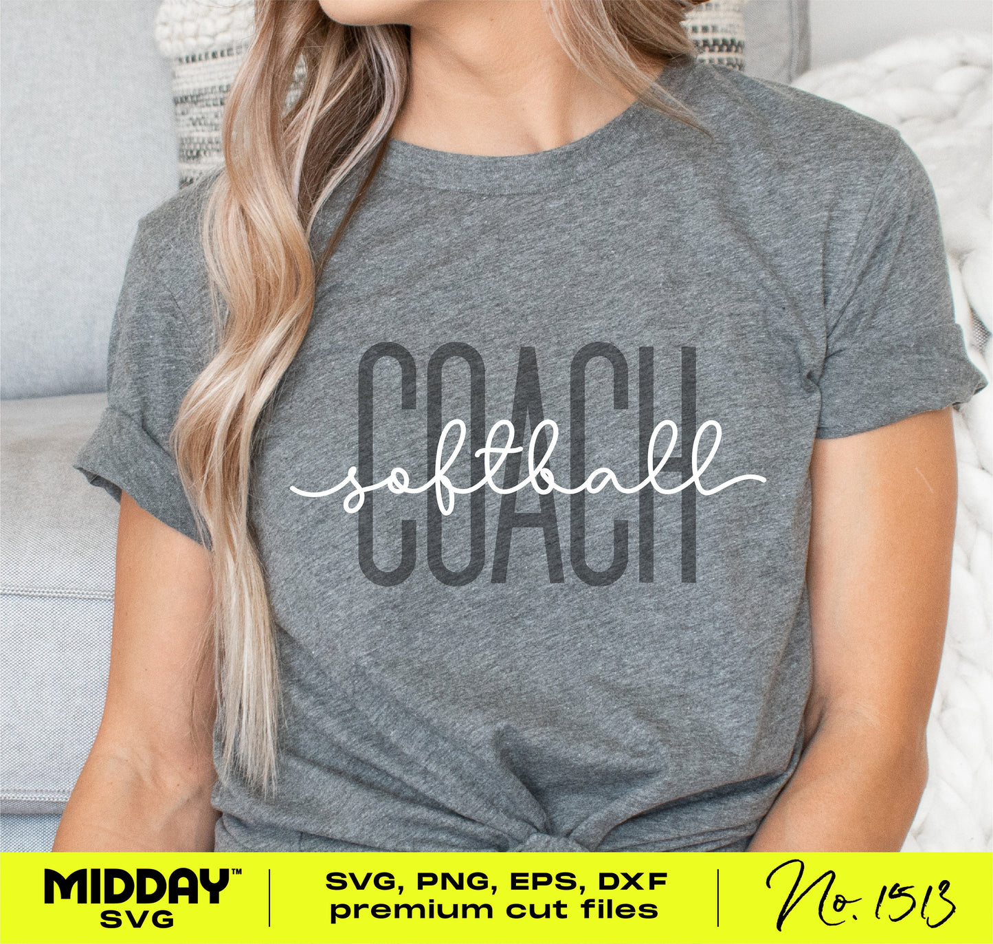 Gray t-shirt with 'Softball Coach' text design, ideal for SVG cut files and sublimation projects, shown for Cricut and Silhouette users.