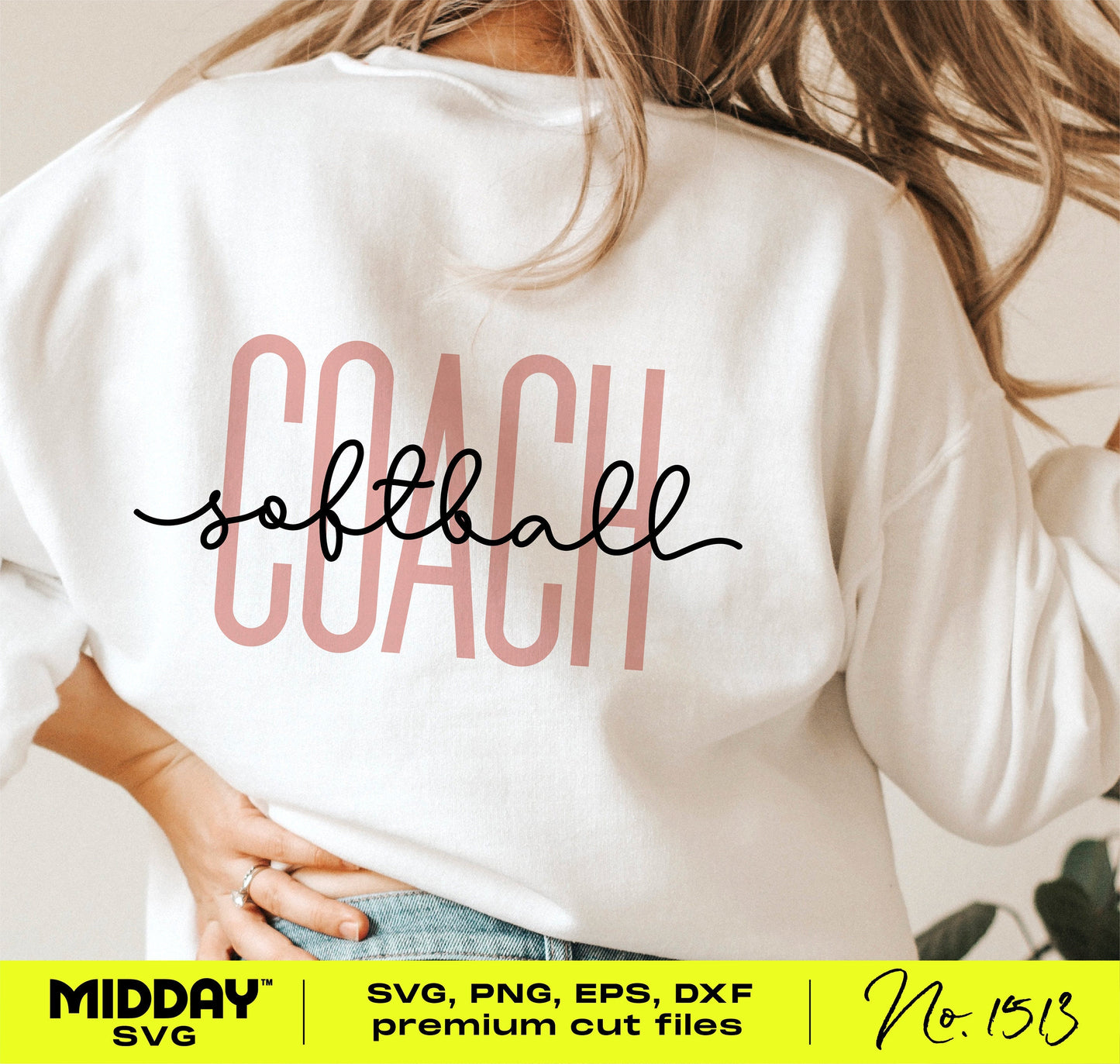 White sweatshirt with 'softball coach' design, featuring SVG file options for Cricut, Silhouette and sublimation projects.