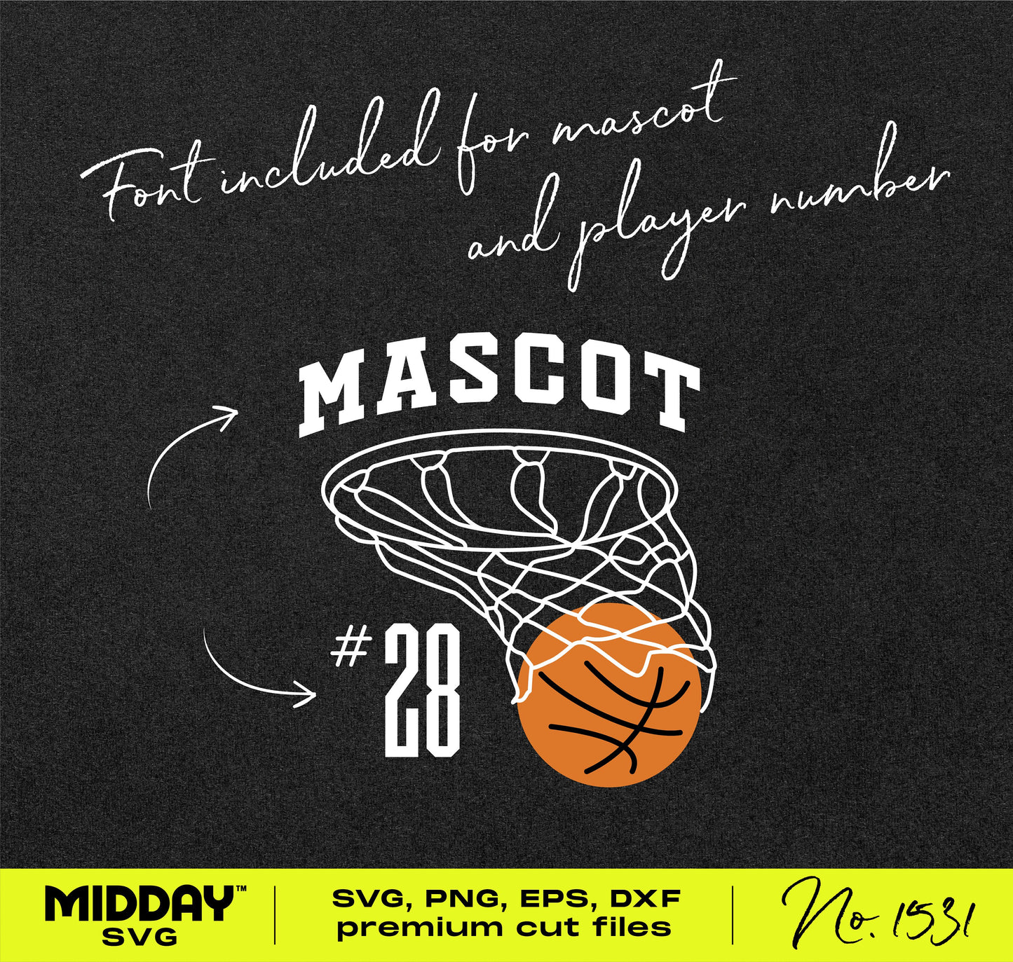 Basketball team SVG design with customizable mascot, player number, and bold text, ideal for shirts and crafts.