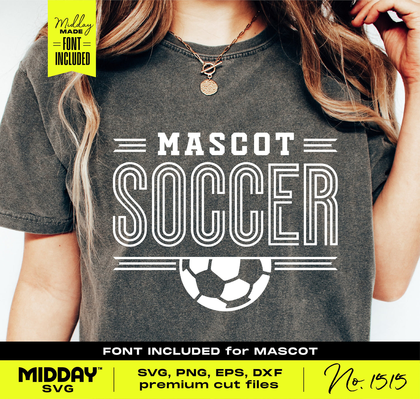 T-shirt with 'Mascot Soccer' design and soccer ball graphic, featuring premium cut files for Cricut and Silhouette.