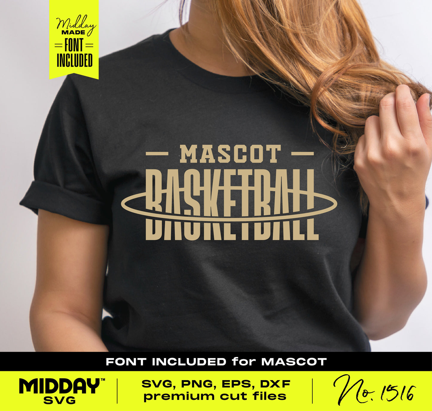 Black t-shirt with "Mascot Basketball" lettering design, available in SVG, PNG, EPS, DXF formats, includes font for Cricut and Silhouette.