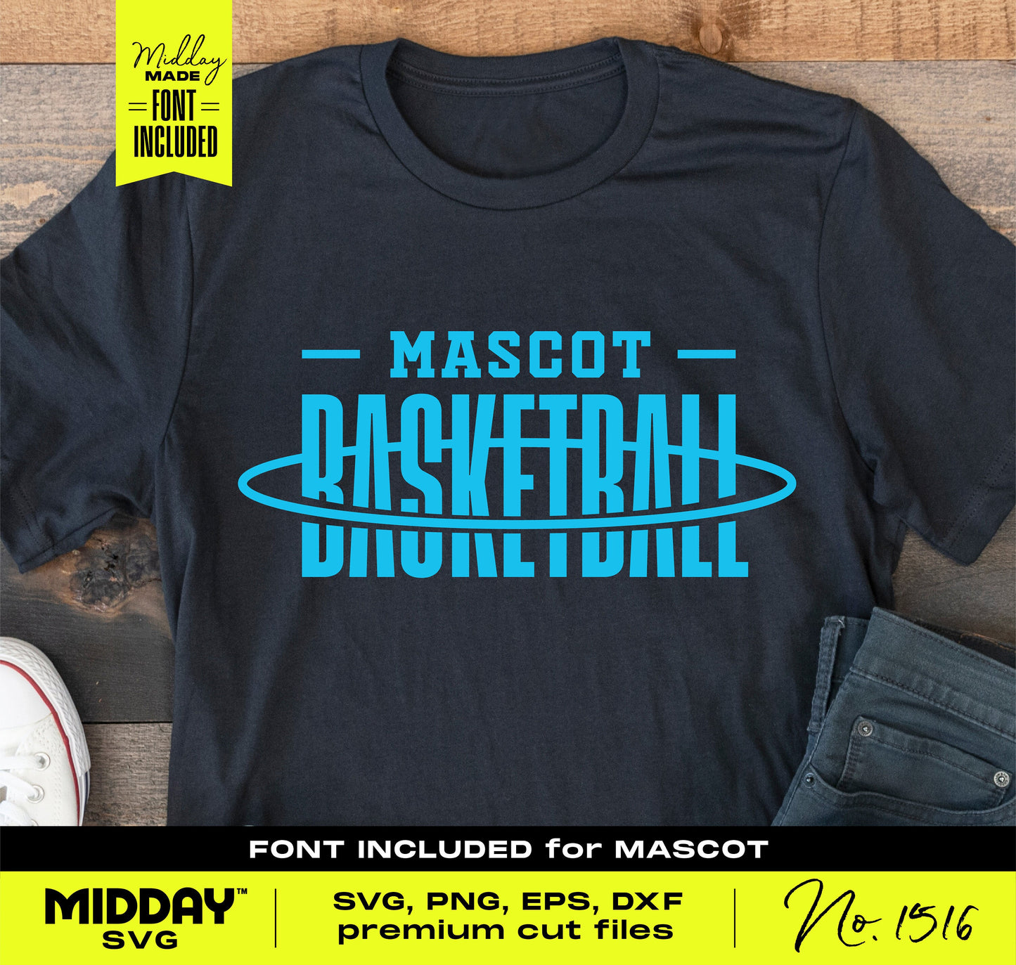 Black t-shirt with blue 'Mascot Basketball' logo, including SVG, PNG, EPS, DXF cut files and font for crafting projects.