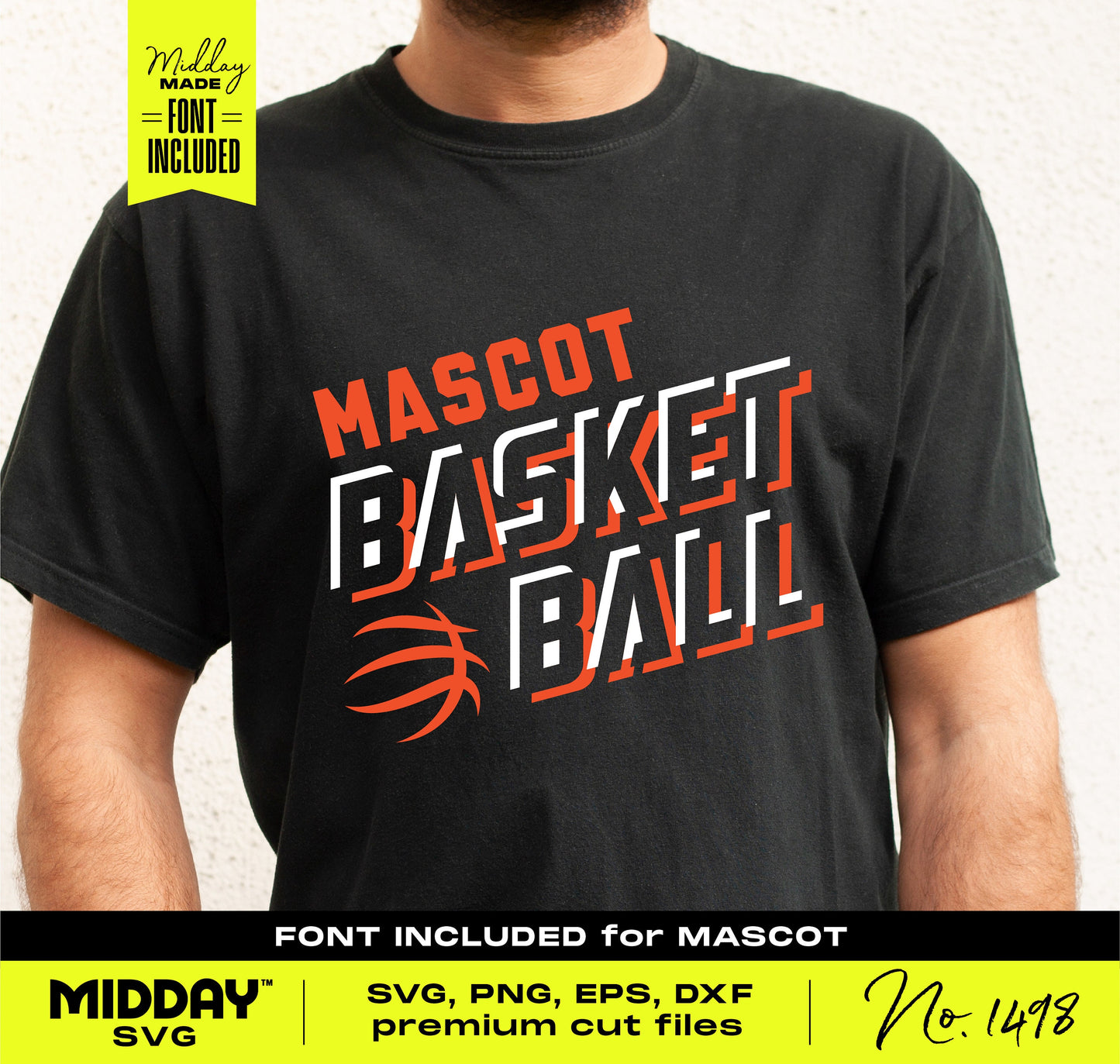 Person wearing black t-shirt with 'Mascot Basketball' design in SVG, PNG, EPS, DXF formats, with font included.