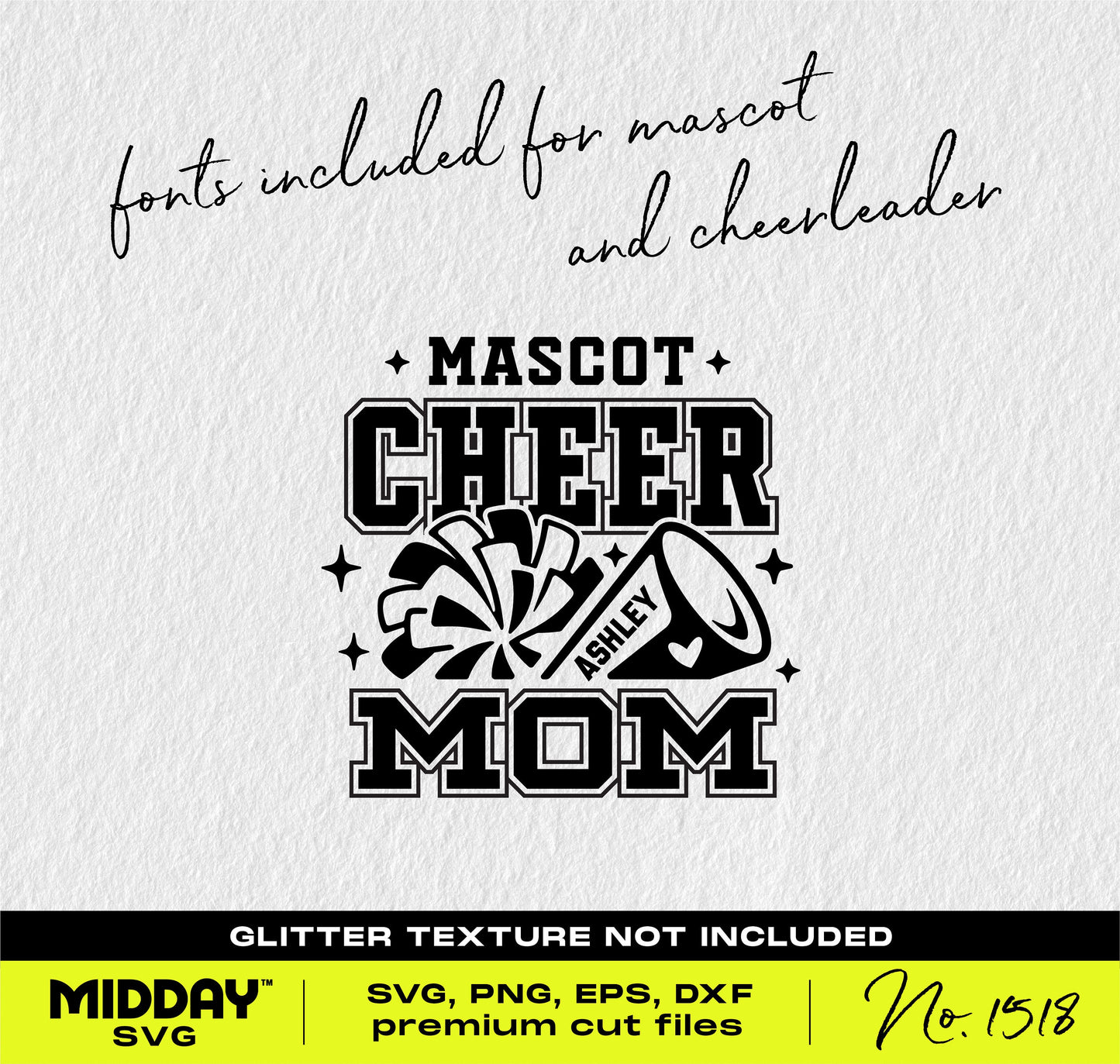 Cheer Mom SVG design featuring megaphone, pom poms, and customizable fonts for mascot and cheerleader names. Ideal for Cricut and Silhouette.