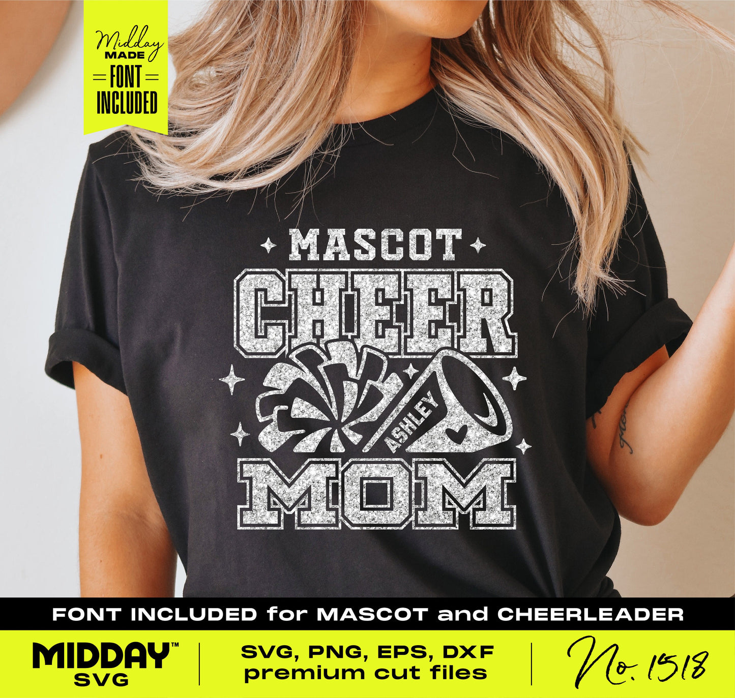 Person wearing a 'Mascot Cheer Mom' t-shirt with megaphone and pom-pom design, includes SVG, PNG, EPS, DXF cut files.