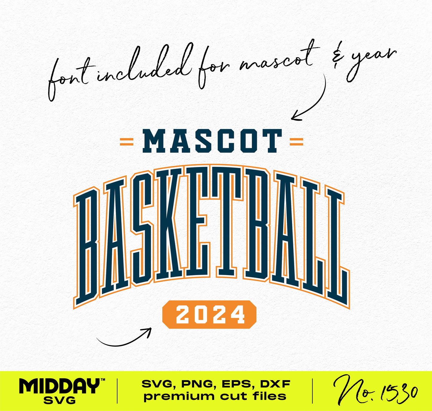 Basketball team SVG design with customizable mascot and year, includes SVG, PNG, EPS, DXF formats for Cricut and Silhouette.