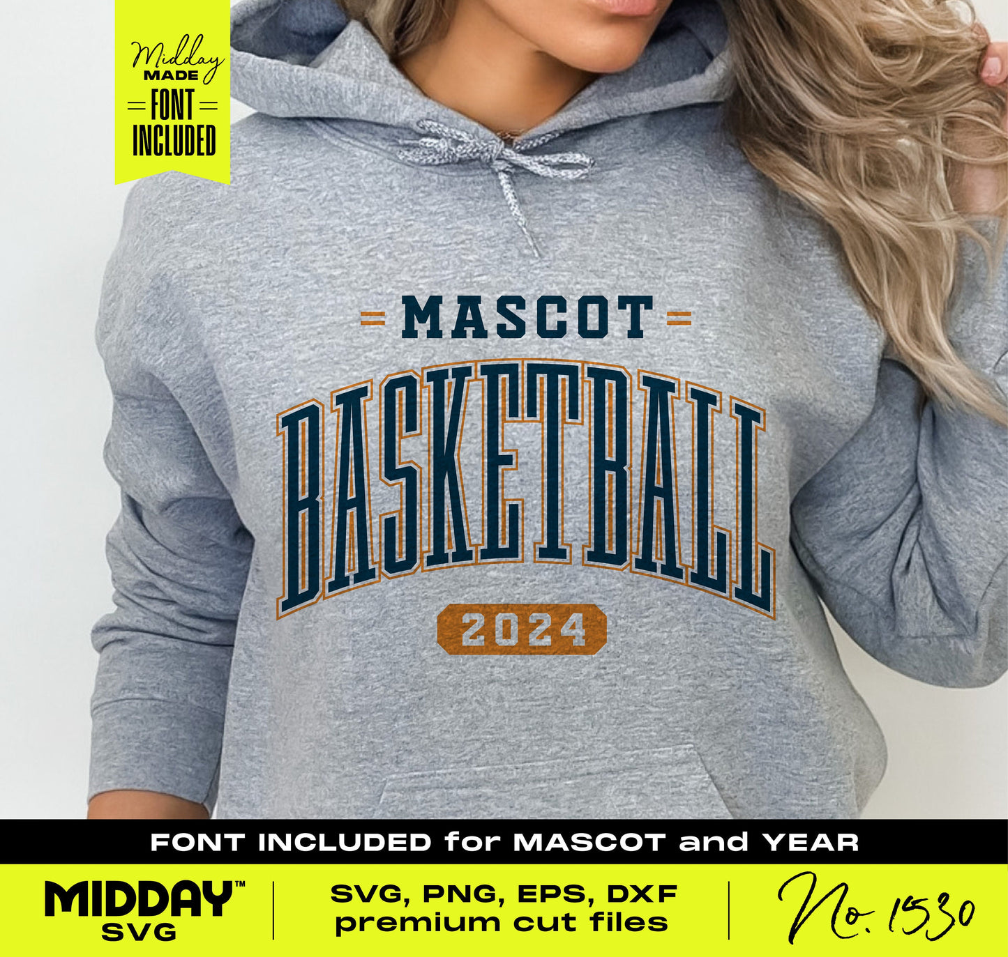 Grey hoodie featuring 'Mascot Basketball 2024' design, includes SVG, PNG, EPS, DXF files, perfect for Cricut and Silhouette projects.