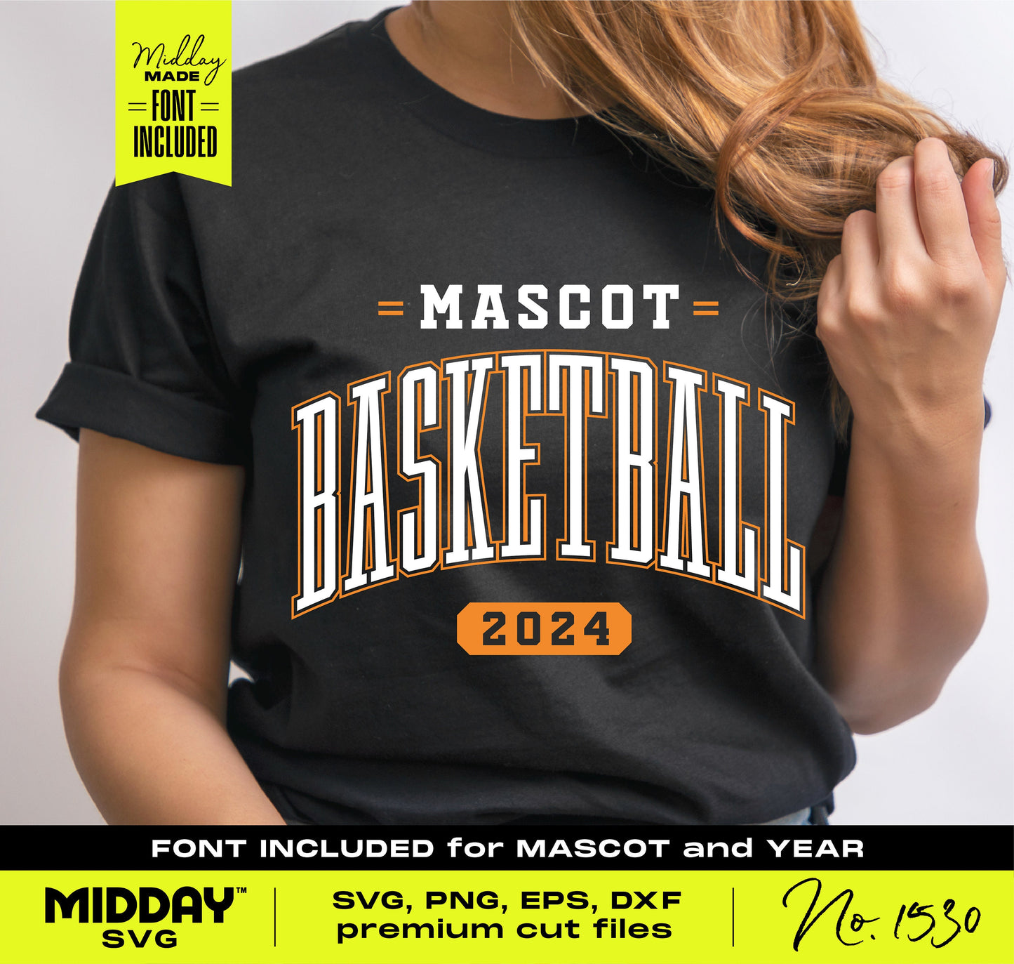 Woman wearing 'Mascot Basketball 2024' black t-shirt design for Cricut and Silhouette, featuring included font and premium cut files.