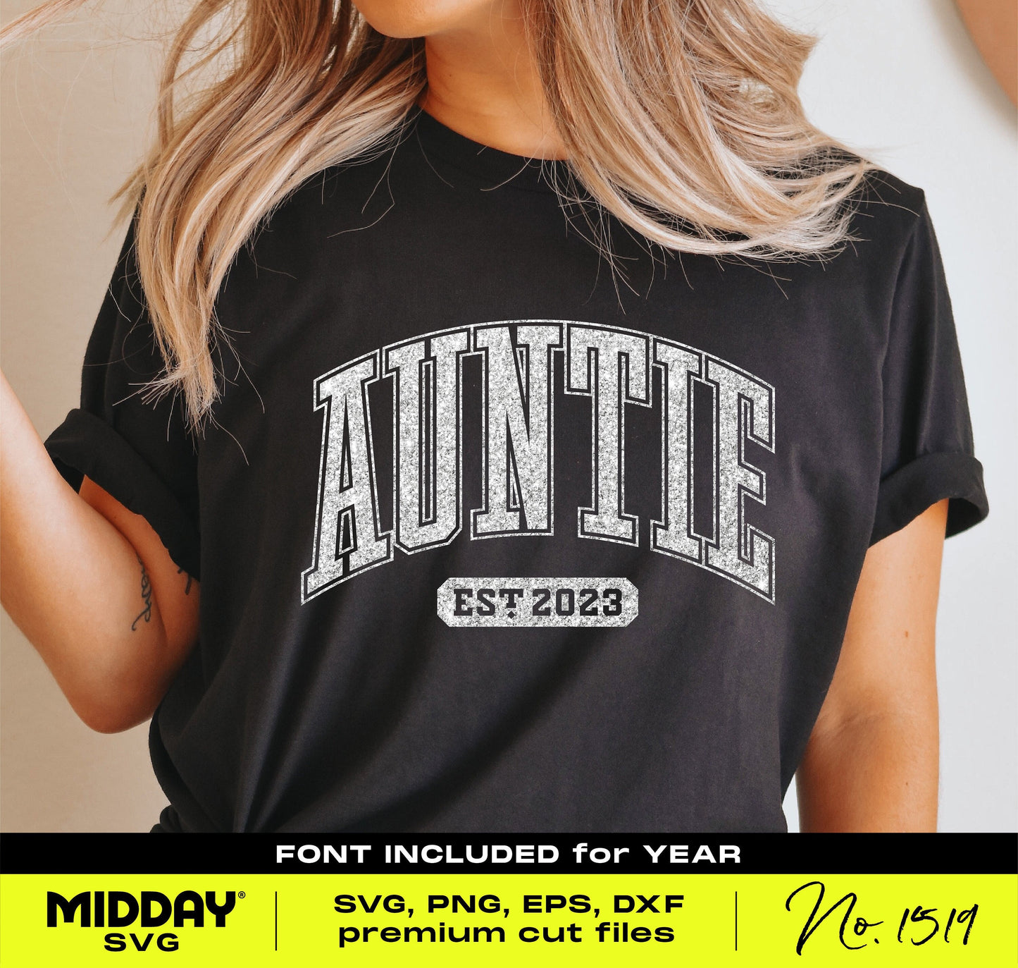 Auntie sweatshirt with 'Auntie Est 2023' design in gray, featuring SVG, PNG, EPS, DXF formats for Cricut and Silhouette.