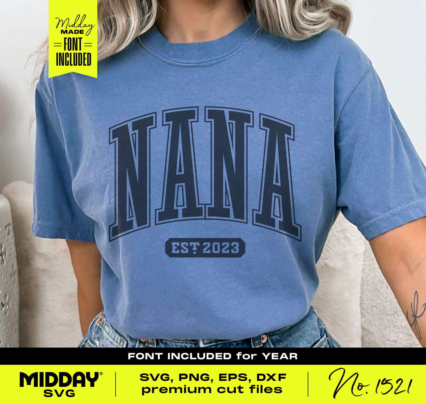 Blue t-shirt featuring 'Nana' design, perfect for Cricut, Silhouette, and sublimation projects, includes SVG, PNG, EPS, DXF files.