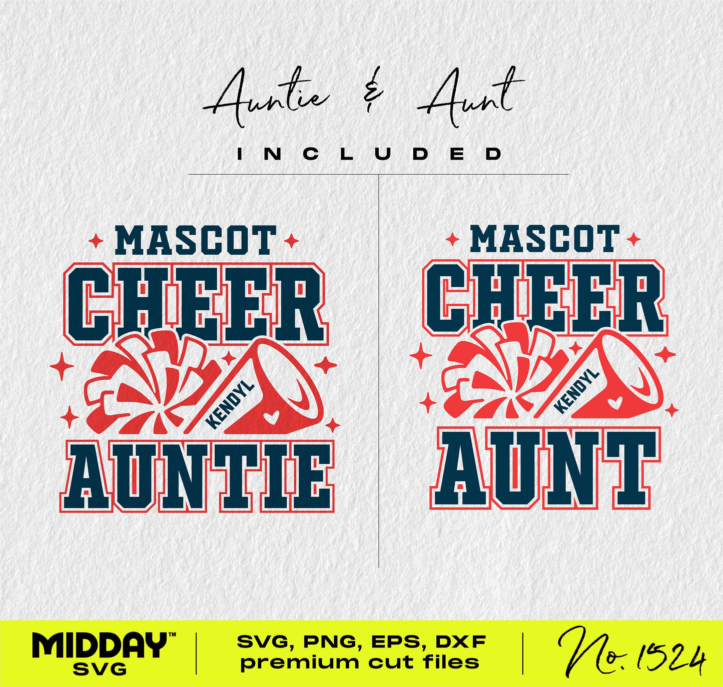 Mascot cheer graphic with pom-poms and megaphone for Auntie and Aunt in SVG, PNG format for Cricut and DIY projects.