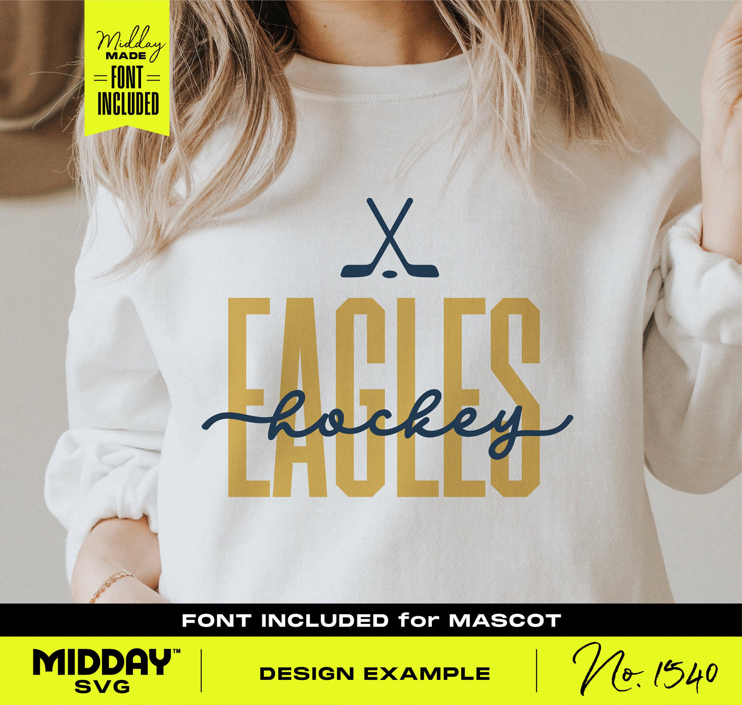White sweatshirt featuring hockey-themed design with crossed sticks and the word 'Eagles'; perfect for team apparel and Cricut projects.