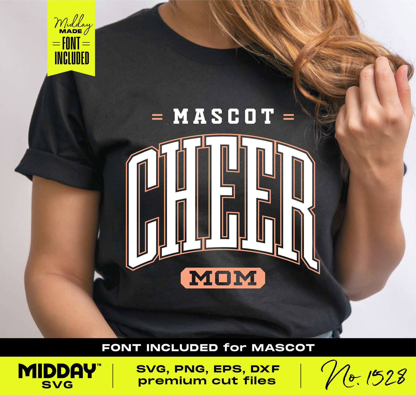 Woman wearing black shirt with 'Mascot Cheer Mom' design, suitable for Cricut, SVG, PNG, EPS, and DXF files, premium cut fonts included.