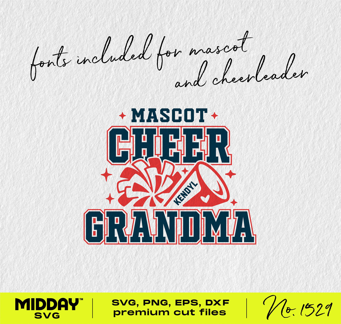 Cheer Grandma SVG design with pom poms and megaphone, perfect for team shirts, Cricut, and tumbler projects.