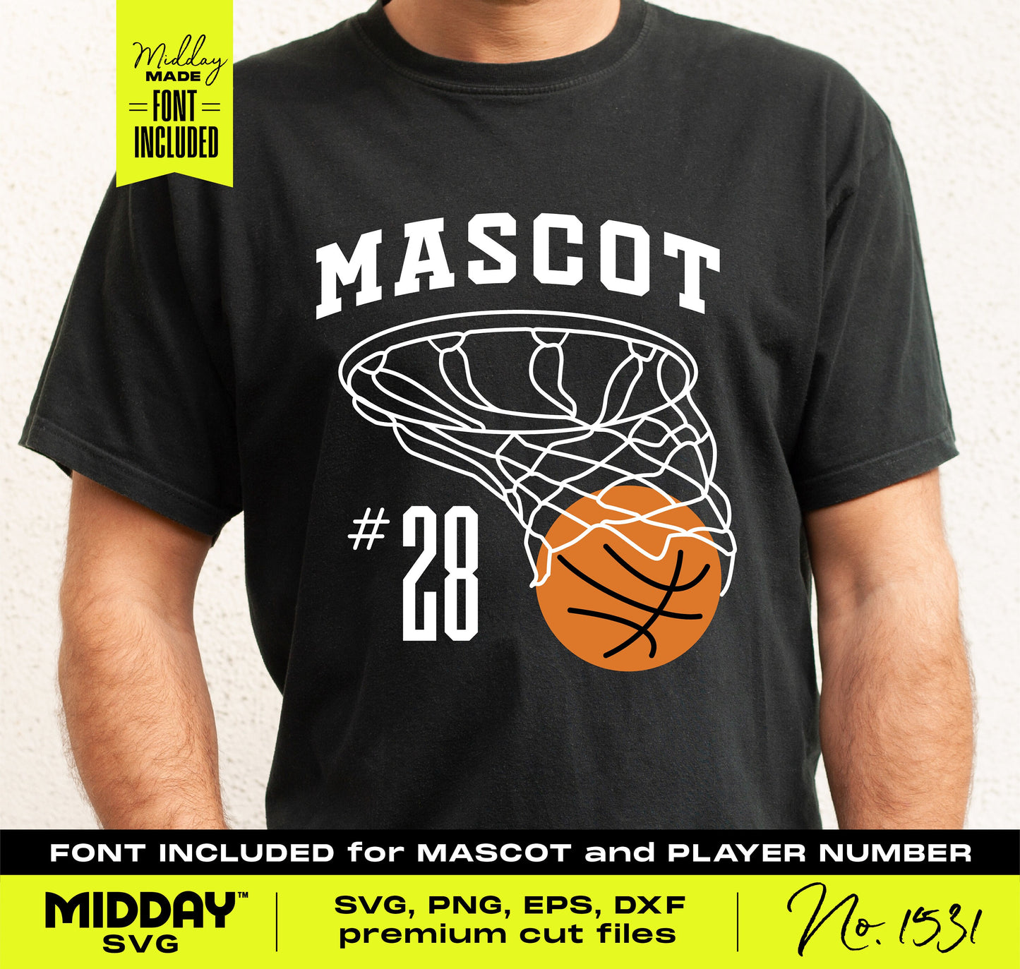 Black T-shirt featuring a basketball net design with "Mascot" text, number 28, perfect for custom team shirts, SVG format included.