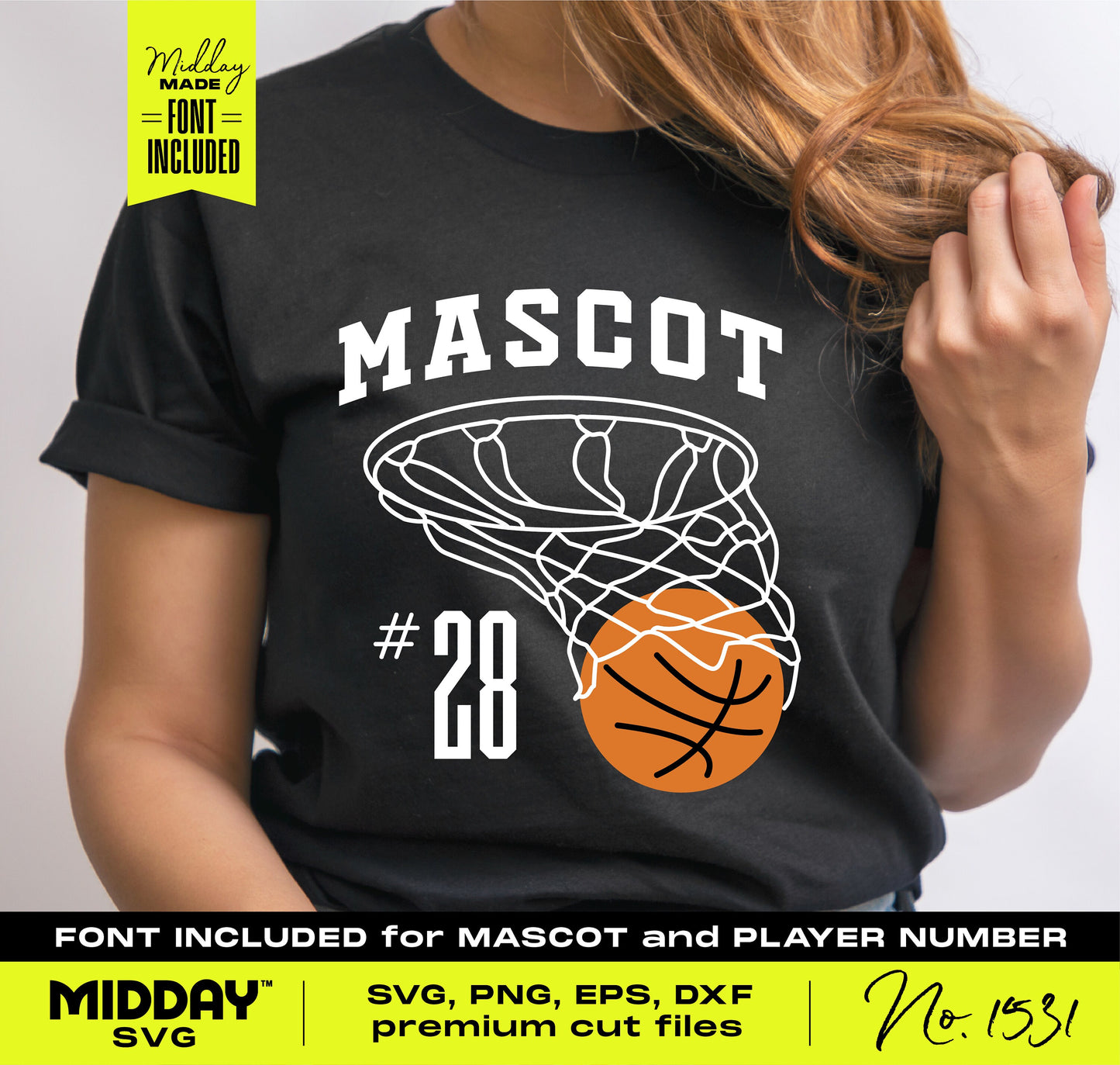 Basketball team shirt design featuring a stylish net and ball graphic with 'Mascot #28' text in bold font.
