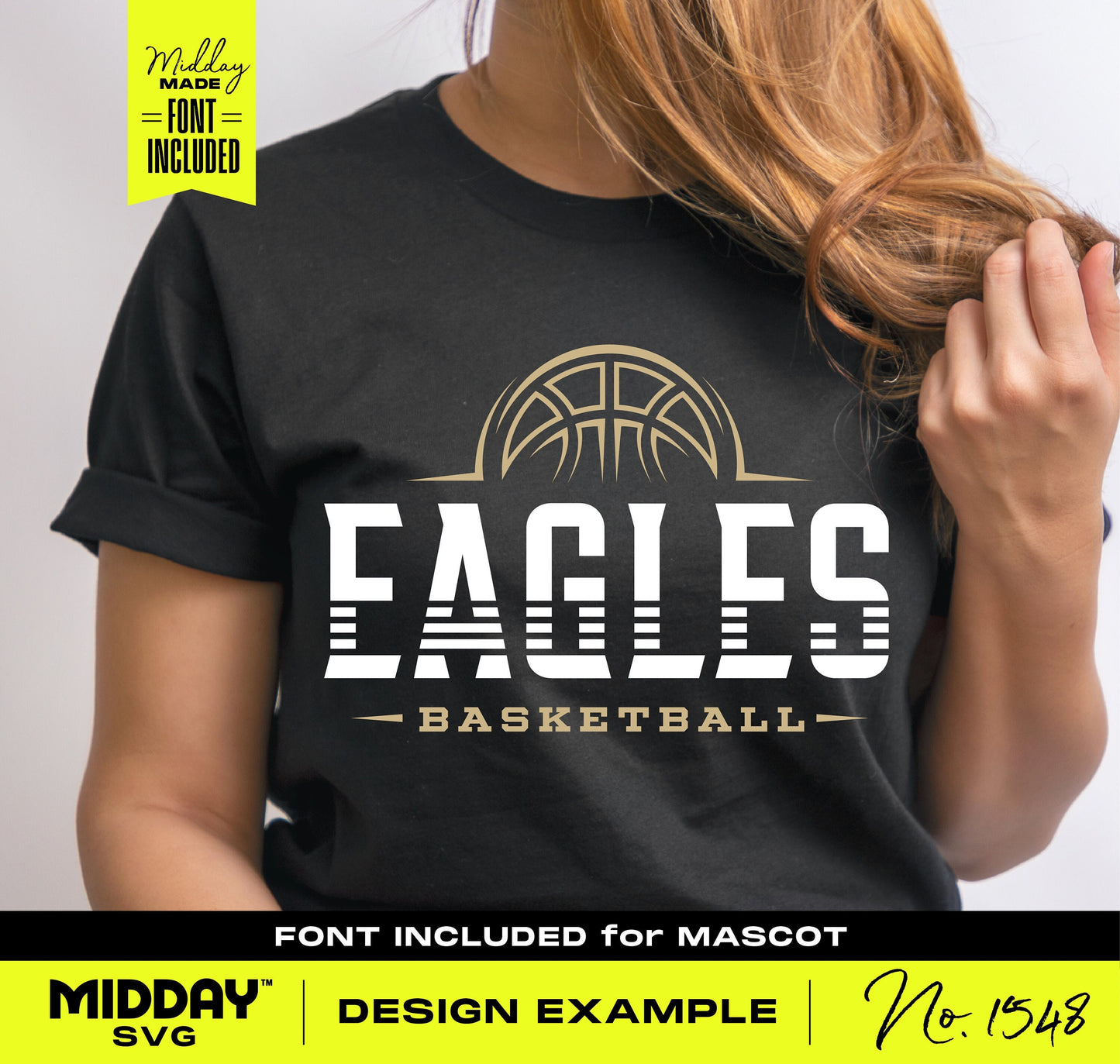 Woman wearing black shirt with 'Eagles Basketball' SVG design, ideal for team apparel and crafting with Cricut or Silhouette.