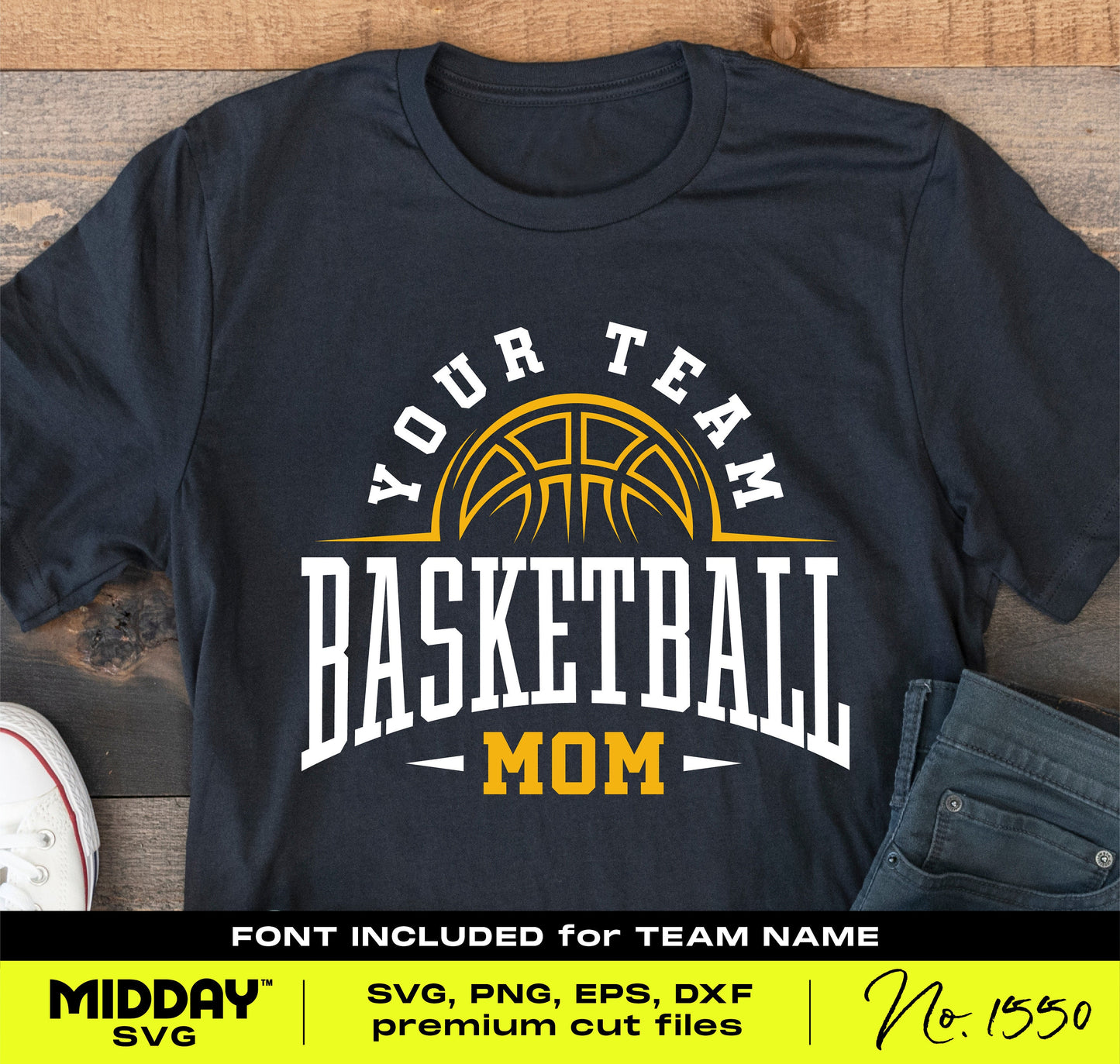 Basketball Mom t-shirt design in SVG format for Cricut and Silhouette, featuring customizable team name and basketball graphic.