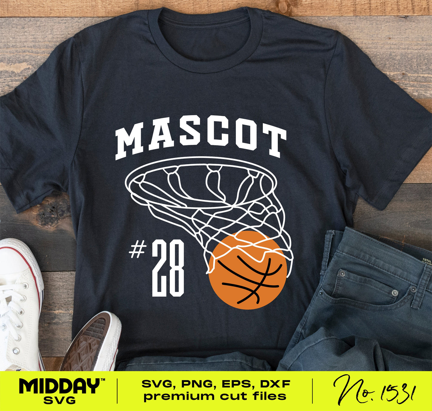 Basketball Mascot Shirt with Hoop and Number 28 Design, Ideal for Cricut and Silhouette, DIY Template in SVG, PNG, EPS, DXF.