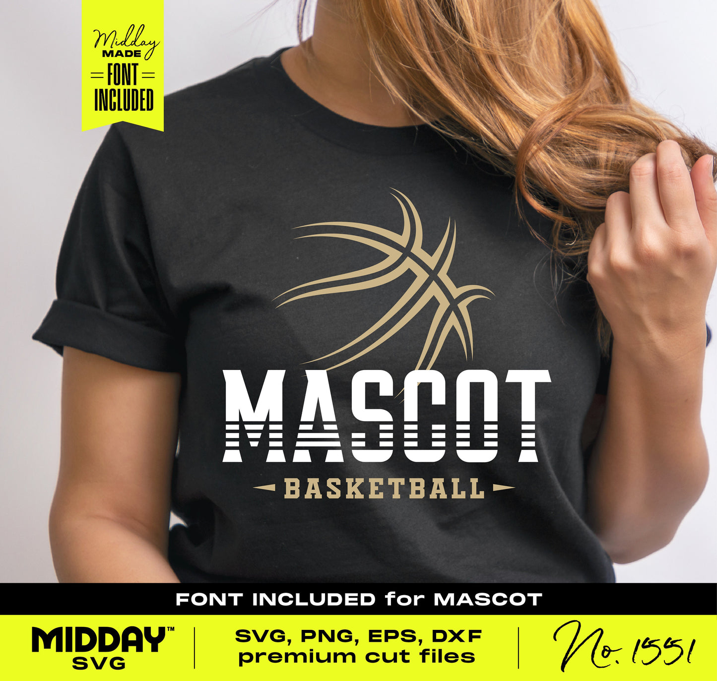 Person wearing black t-shirt with basketball mascot SVG design, suitable for team shirts and DIY Cricut projects, font included.